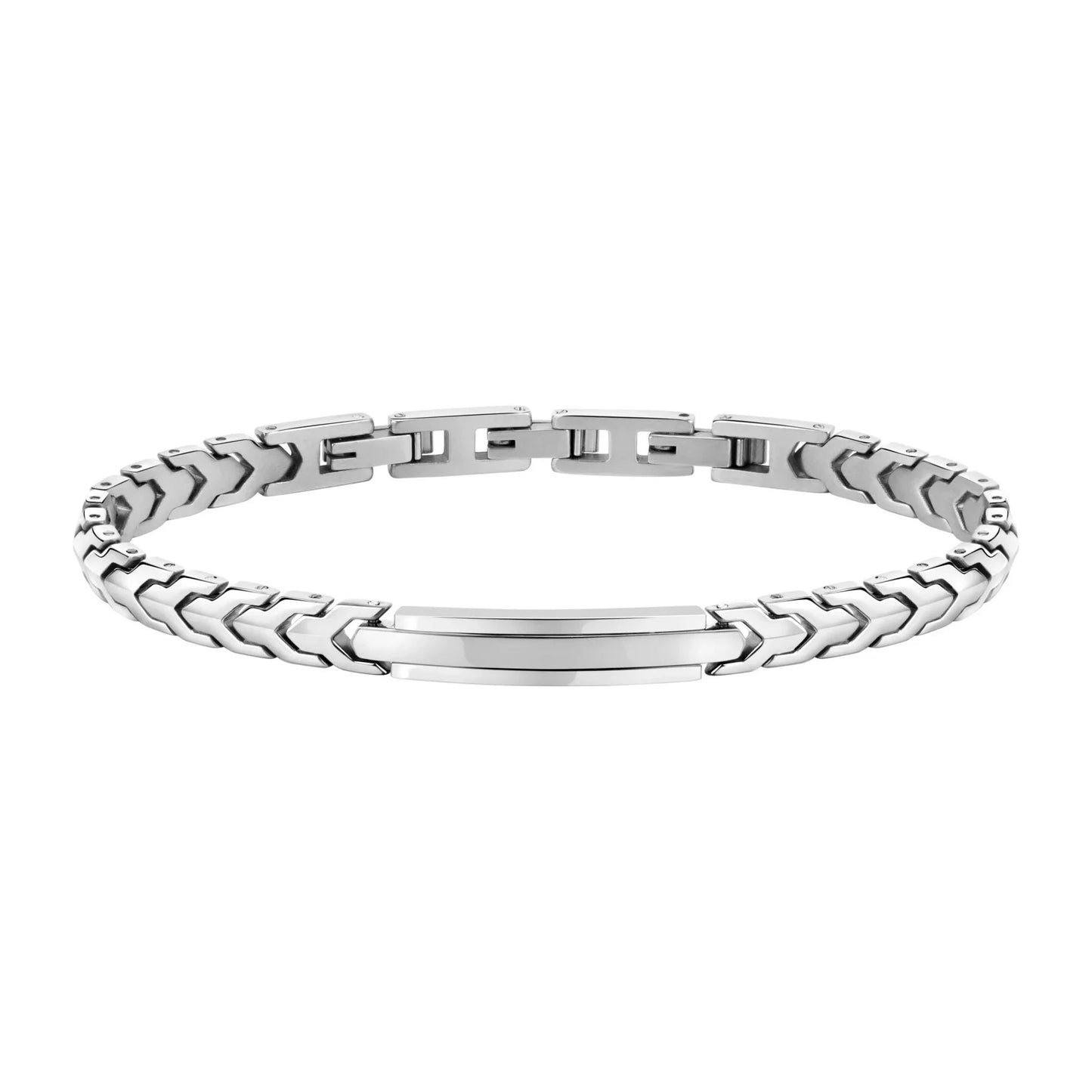 Studio shot of the Aegon bracelet showing the full polished stainless steel front view with V-link chain pattern and smooth centerpiece.