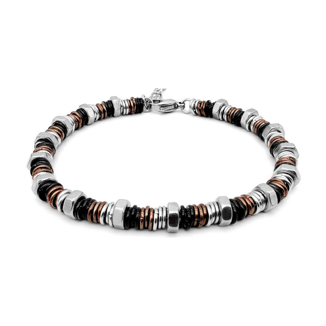 Close-up of the Industrial Torque bracelet variant with copper, black, and silver ringlets and hex nuts on white background