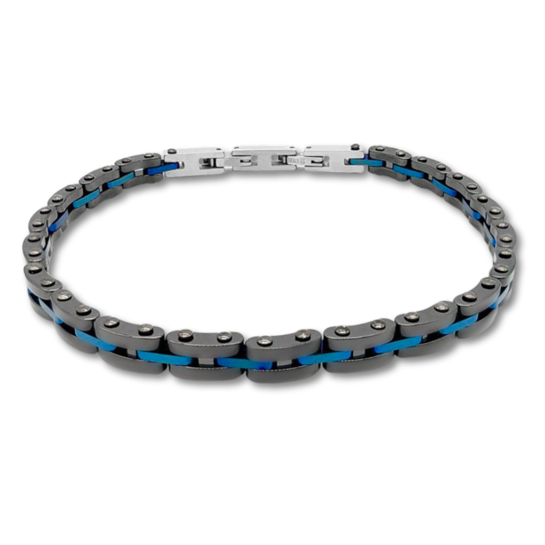 Velocity bracelet in Blue Surge – stainless steel chain link bracelet with anodised blue accent insert and adjustable links, displayed on white background.