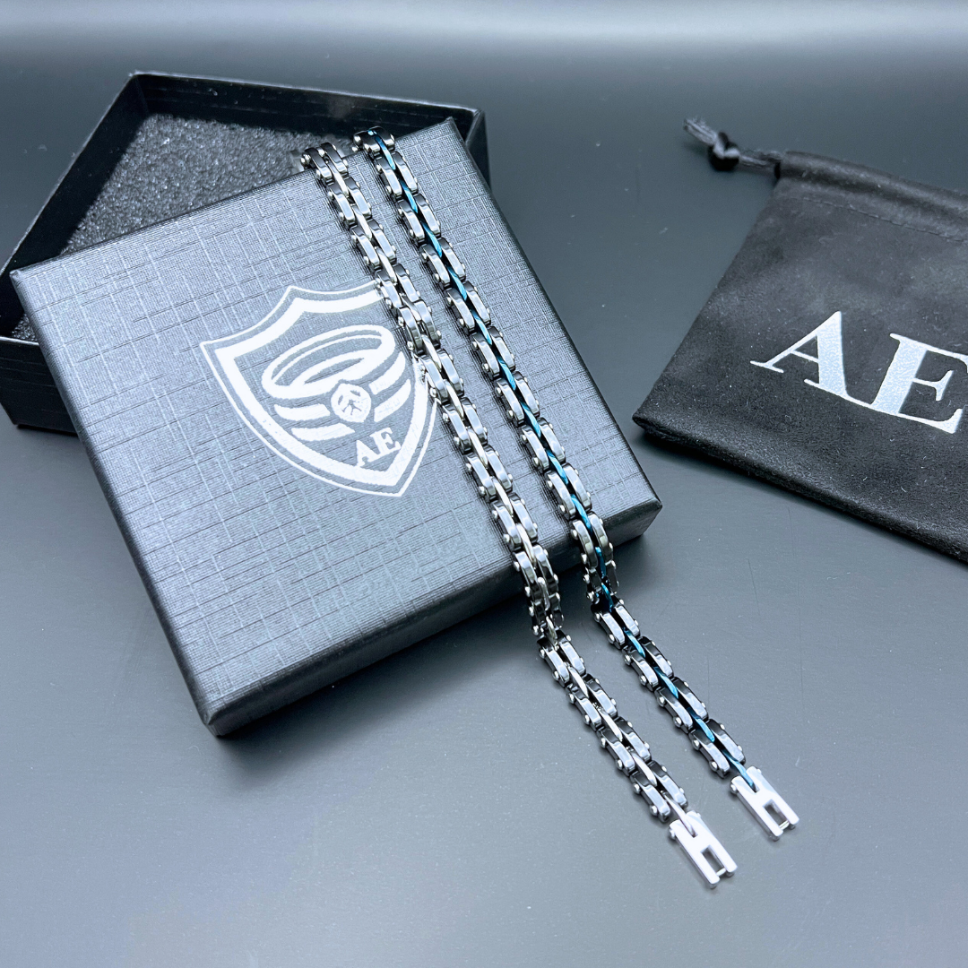 Armoured Elegance Velocity bracelets displayed together with gift box and pouch