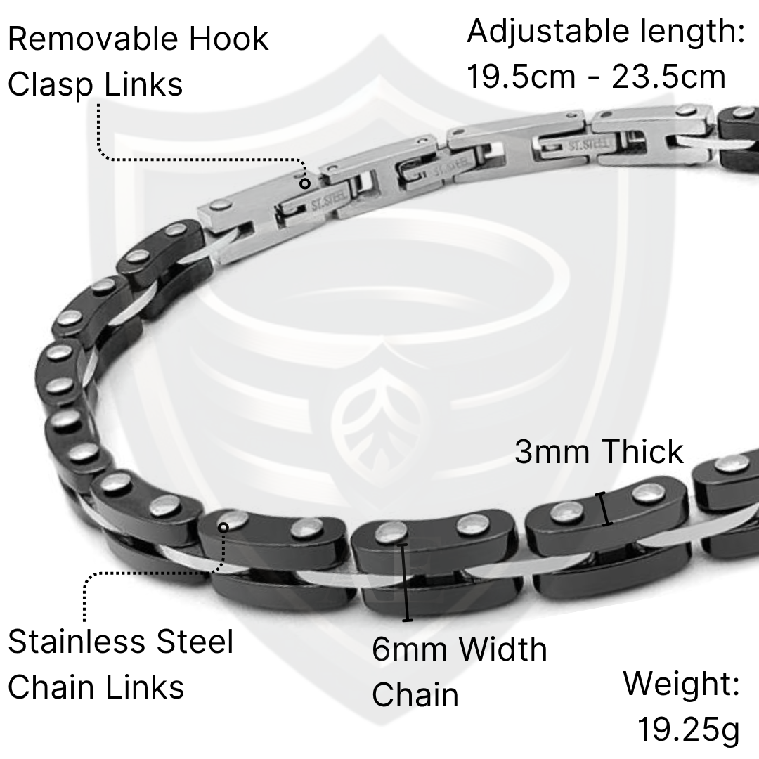 Velocity bracelet details diagram showing removable hook clasp links, stainless steel chain links, adjustable length 19.5cm–23.5cm, 6mm width, 3mm thickness, and 19.25g weight.