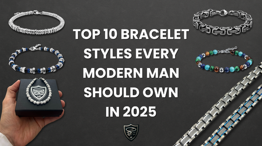 Image showcasing top 10 bracelet styles for men in 2025 by Armoured Elegance, featuring stainless steel, leather, and stone bracelets on a dark background