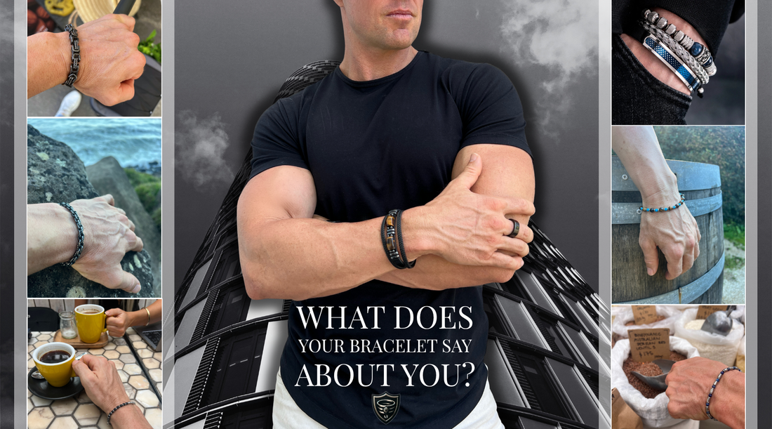 Man wearing Armoured Elegance bracelets with lifestyle shots and the headline What Does Your Bracelet Say About You, showcasing luxury men’s wristwear.