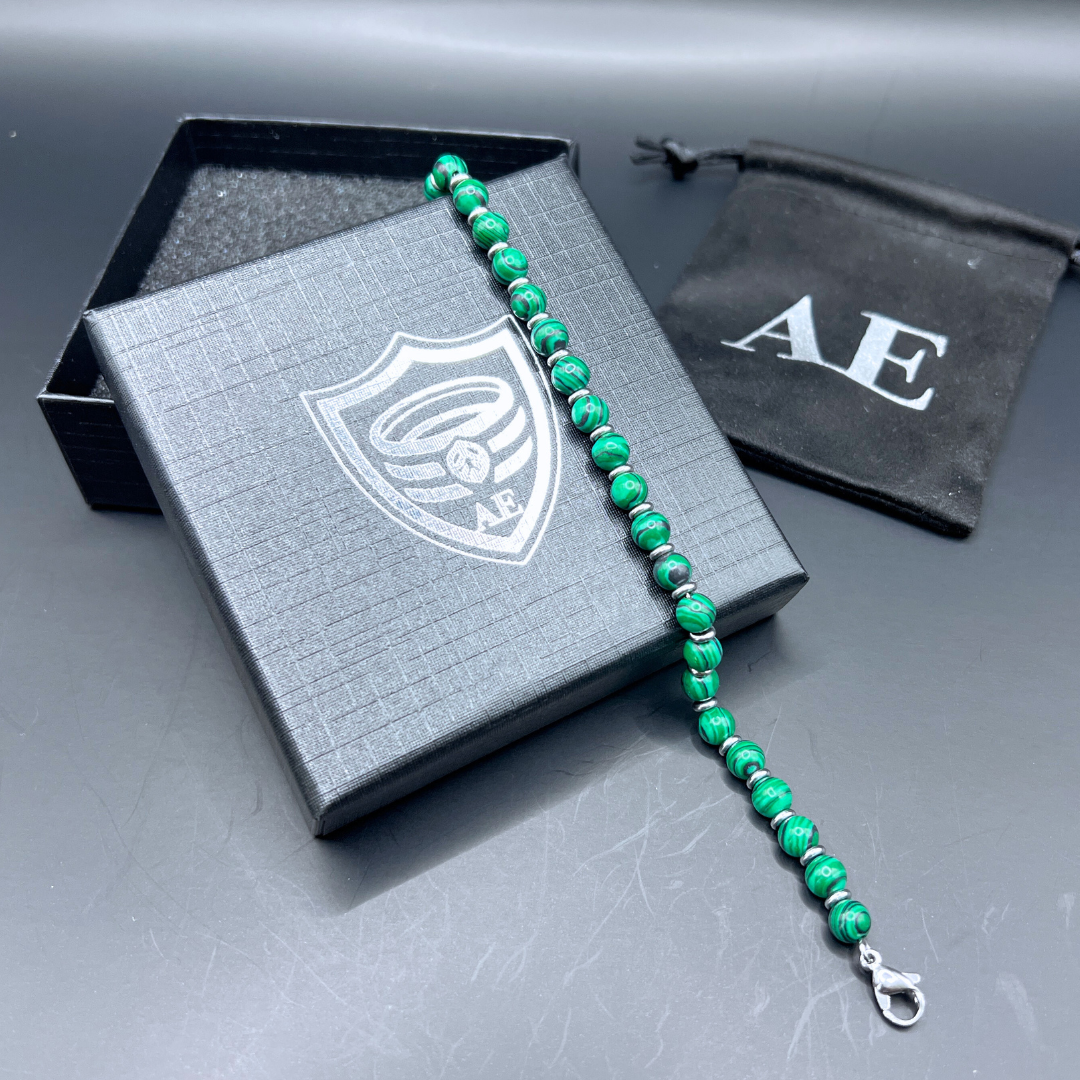 Verdure green malachite bracelet displayed with Armoured Elegance box and pouch
