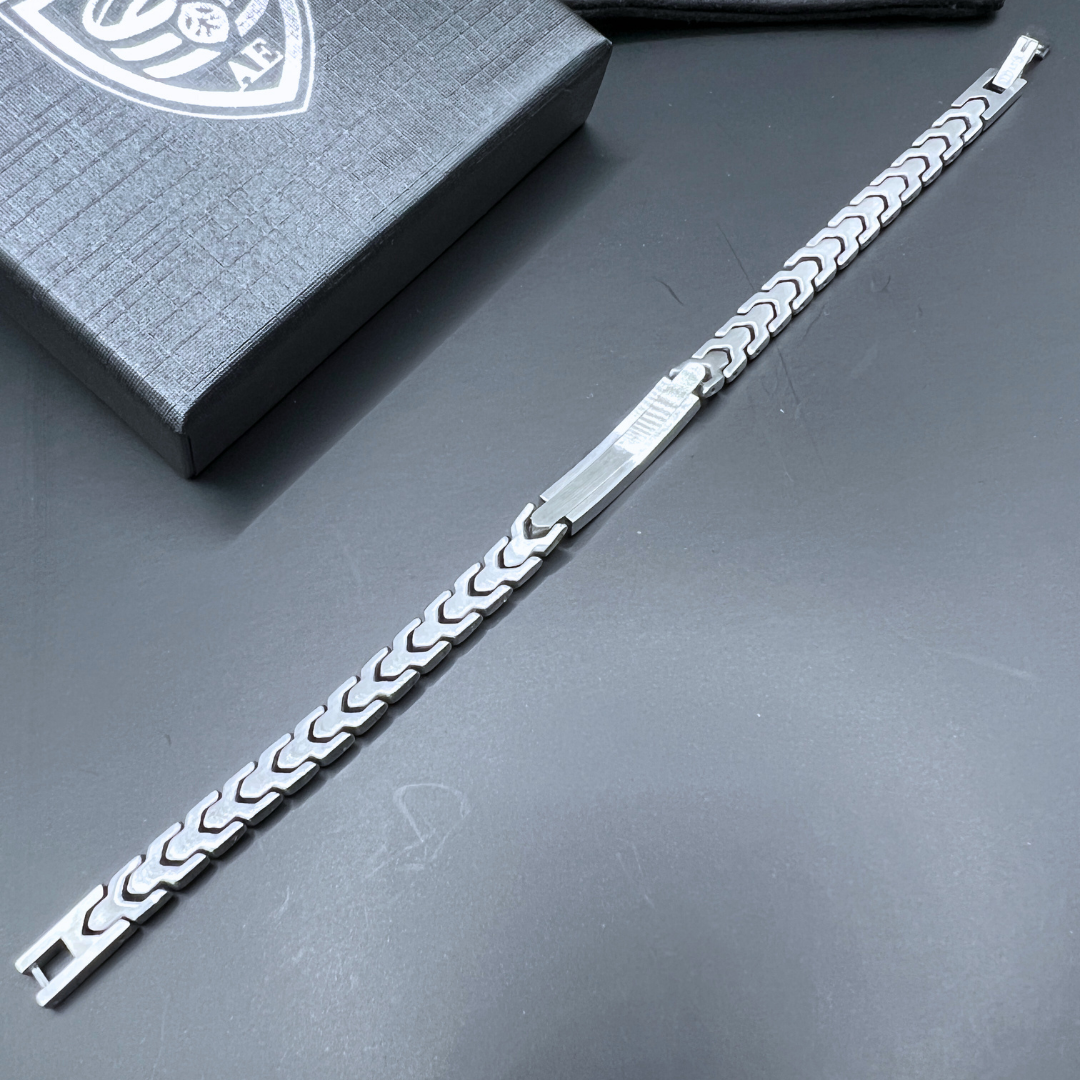 Aegon bracelet laid flat at an angle, showcasing the full stainless steel V-link design with clasp and branded box in the corner.