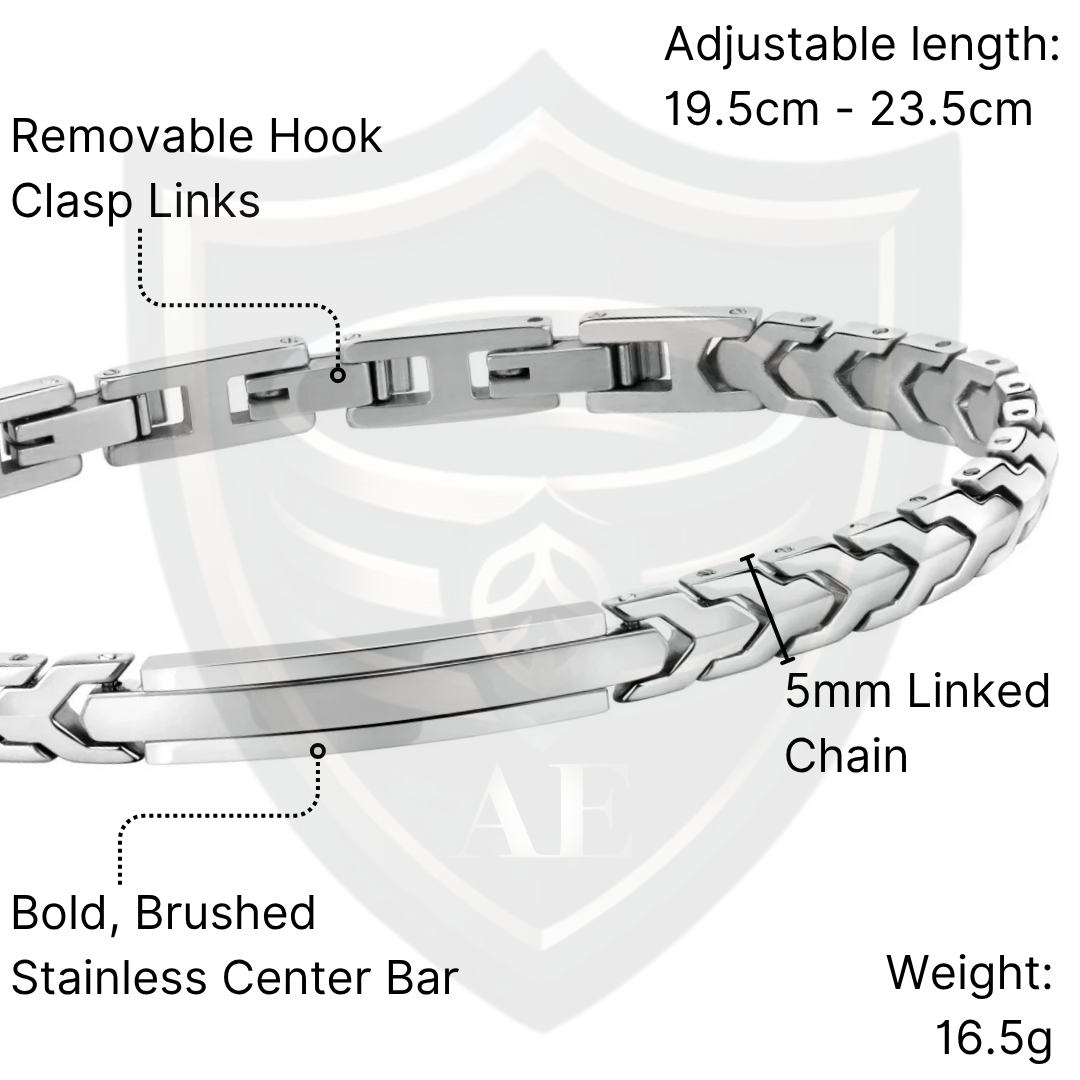 Labeled diagram of the Aegon bracelet showing the removable clasp links, 5mm linked chain, bold brushed stainless center bar, adjustable length (19.5cm–23.5cm), and total weight of 16.5g.