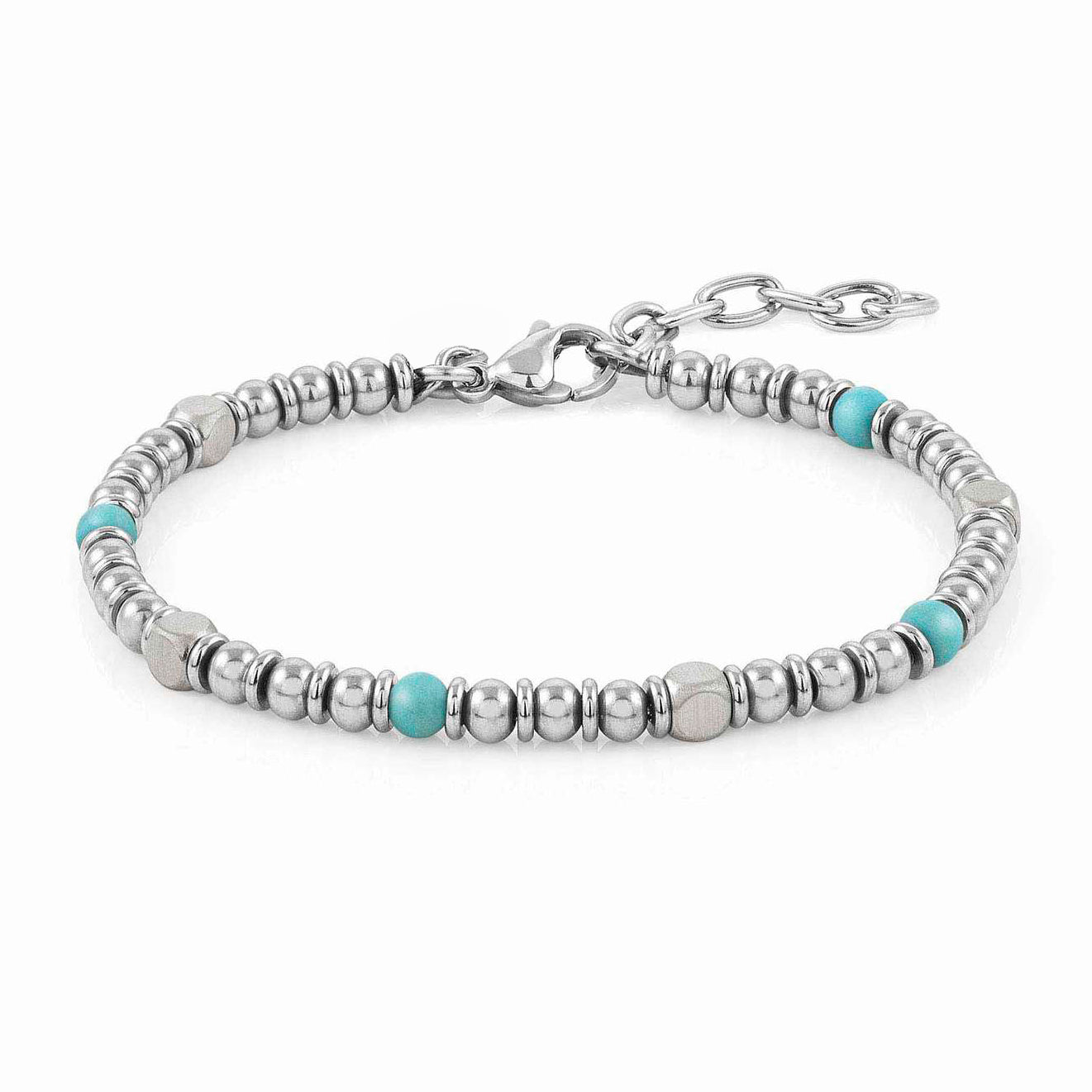 Product photo of Aqua Pulse bracelet with turquoise stone beads and stainless steel on white background