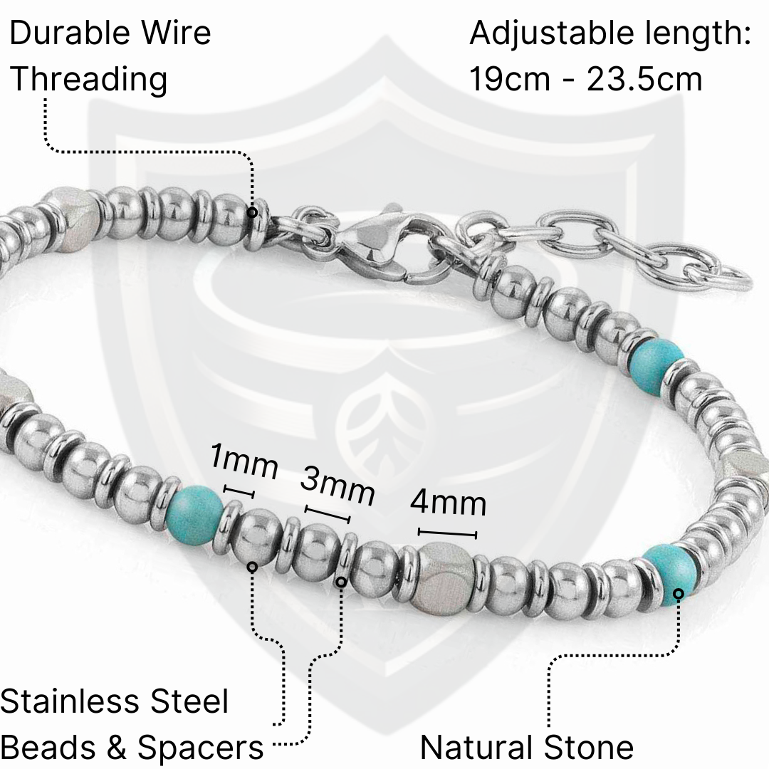 Close-up image of the Aqua Pulse bracelet showing turquoise natural stones, stainless steel bead and spacer measurements, wire threading, and adjustable clasp from 19cm to 23.5cm