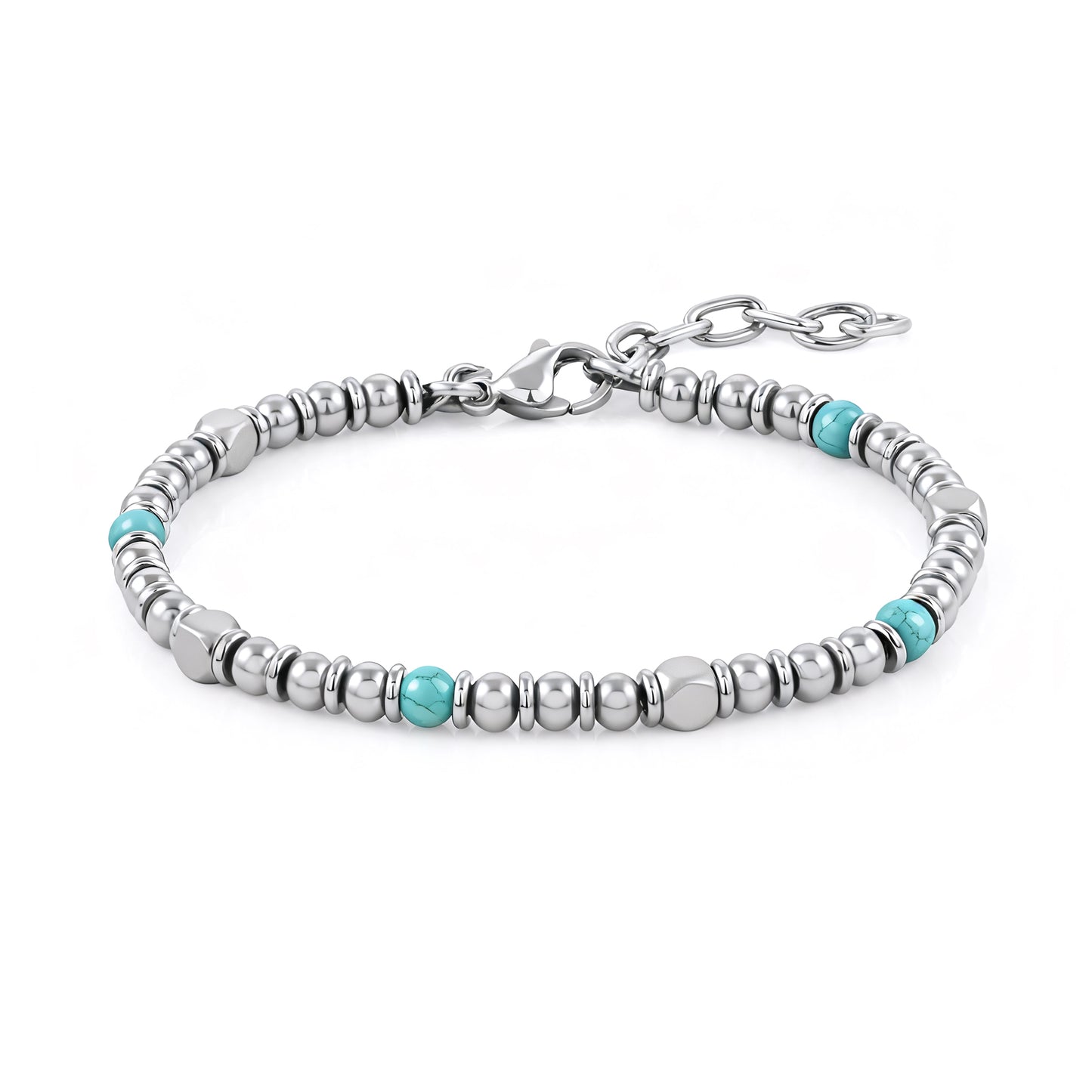 Front main image view of Aqua Pulse bracelet featuring turquoise stones and alternating stainless-steel beads with lobster clasp and adjustable chain.