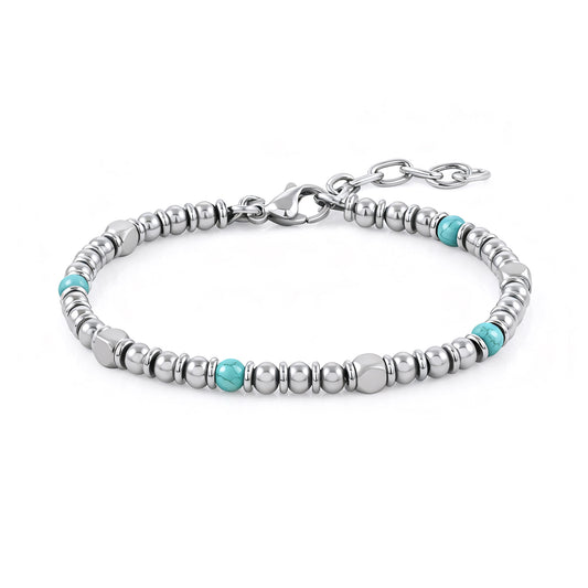 Front main image view of Aqua Pulse bracelet featuring turquoise stones and alternating stainless-steel beads with lobster clasp and adjustable chain.