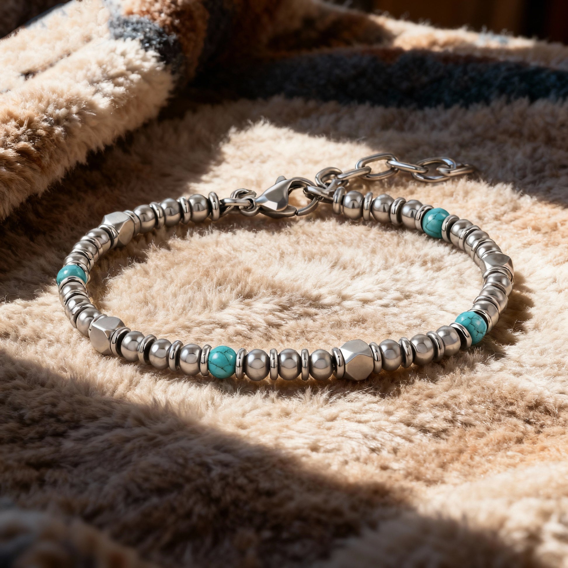 Aqua Pulse turquoise and stainless-steel bead bracelet resting on soft beige fabric with sunlight highlighting the detailed craftsmanship.