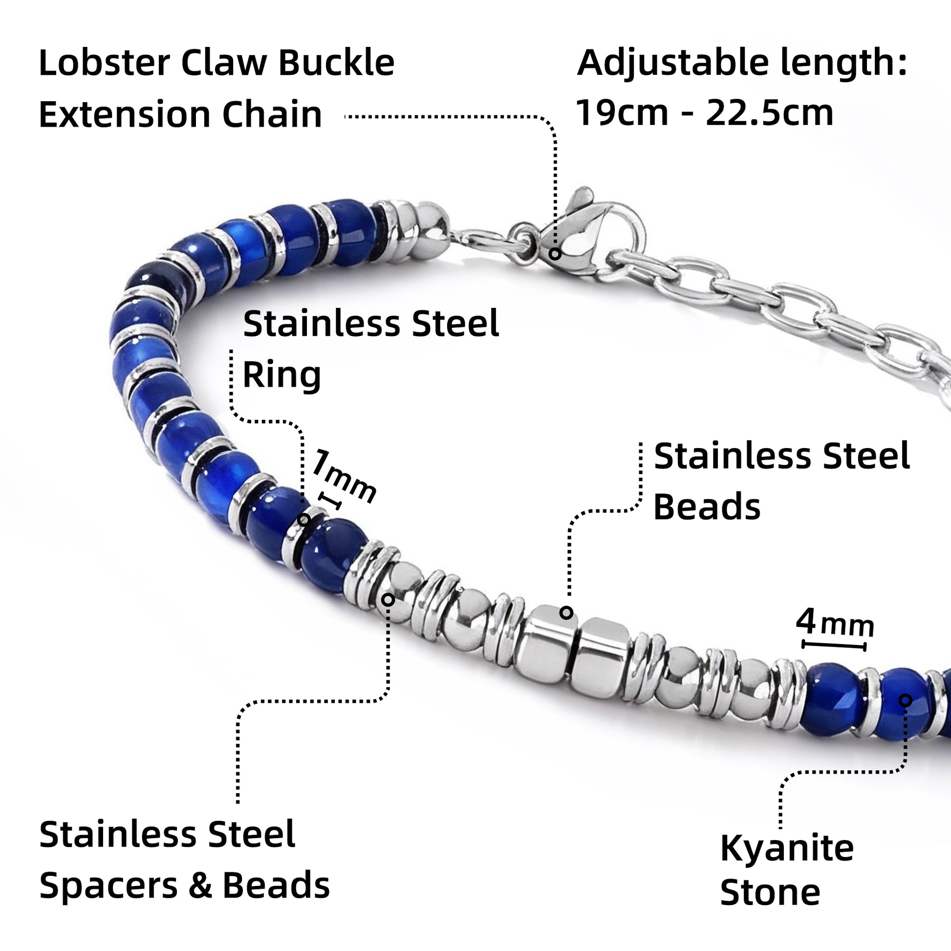Arctic Luxe bracelet close-up with labelled details showing kyanite stones, stainless steel beads, spacers, ringlets, and adjustable length.