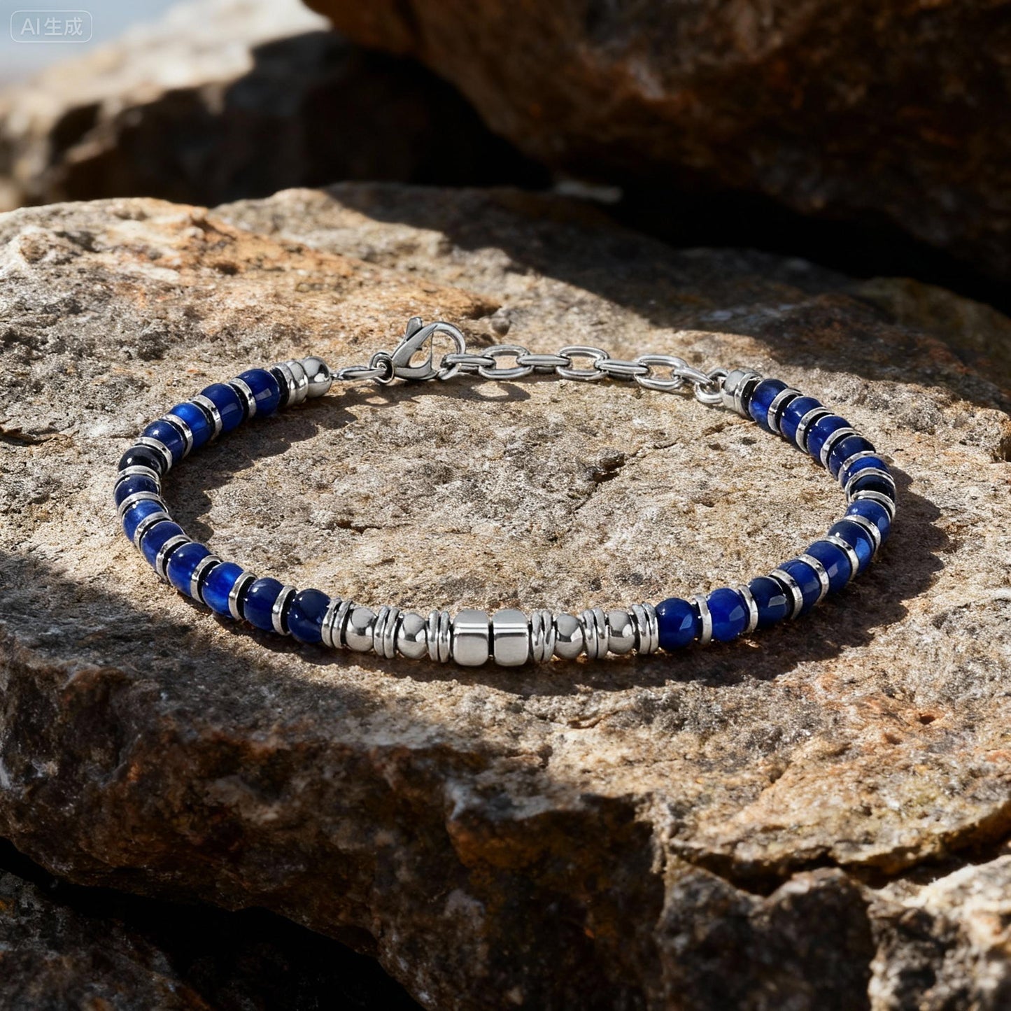 Arctic Luxe bracelet displayed on natural rock outdoors, showing blue kyanite stones and stainless steel beads in natural light.