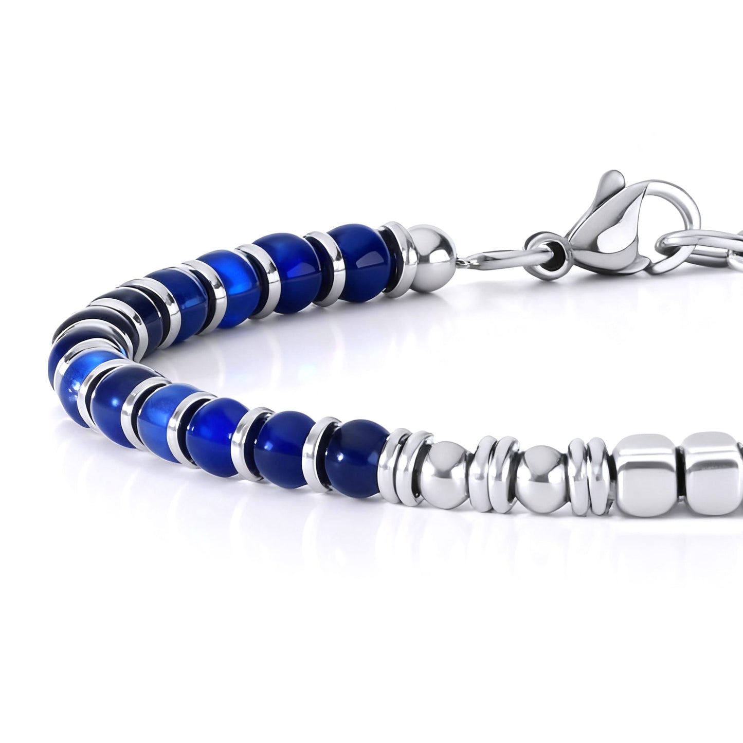 Detailed side view of Arctic Luxe bracelet showing polished blue kyanite stones and stainless steel rings.