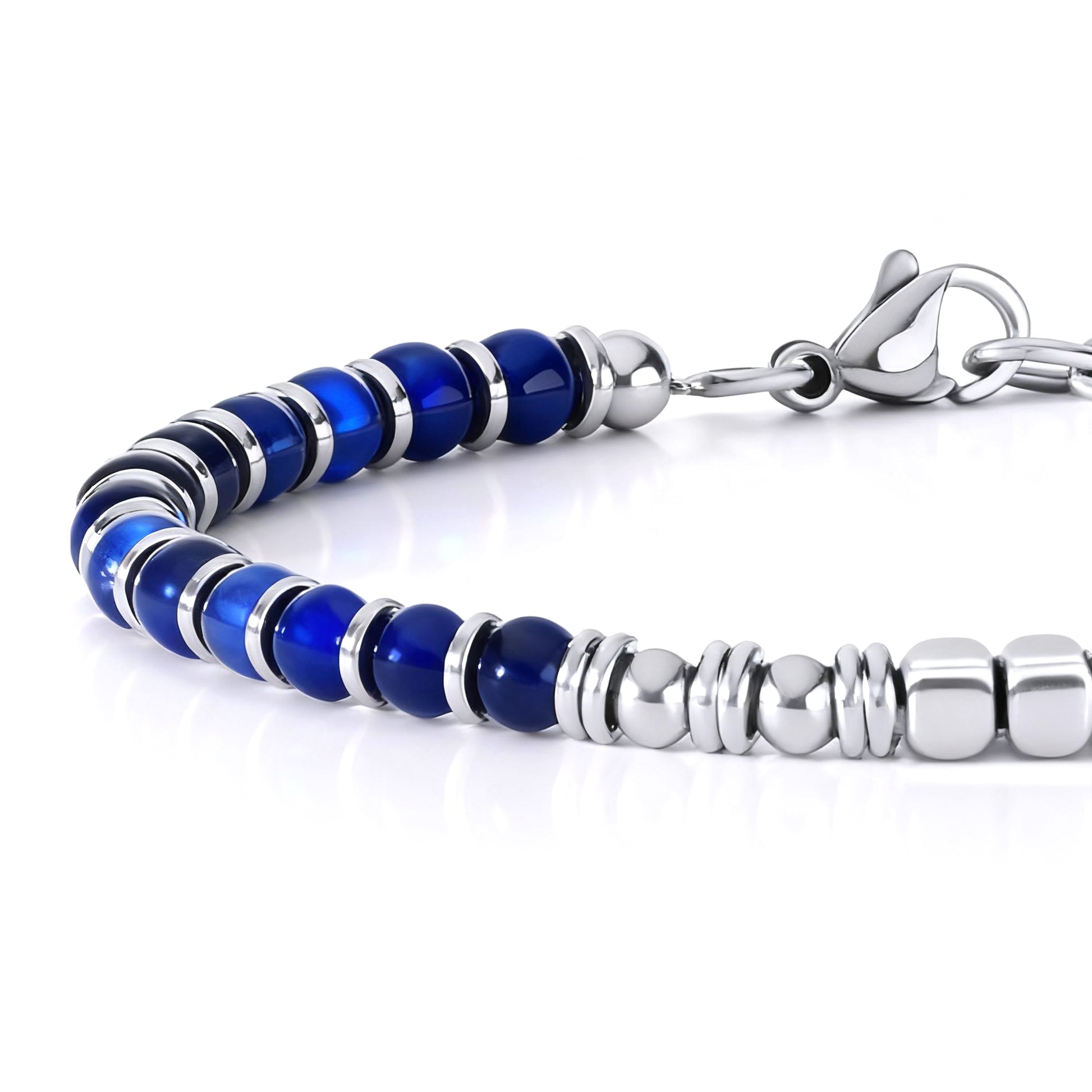 Detailed side view of Arctic Luxe bracelet showing polished blue kyanite stones and stainless steel rings.