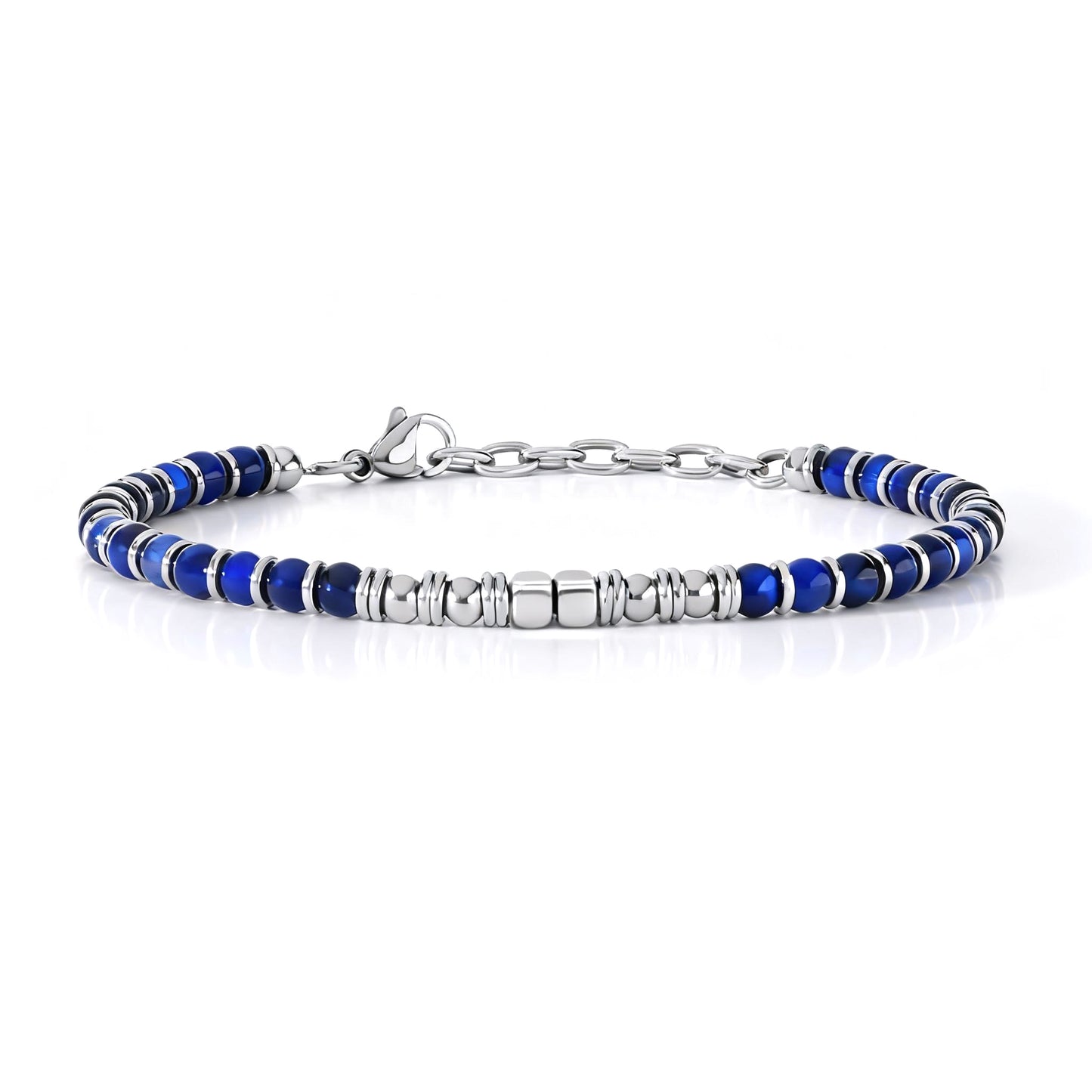 Arctic Luxe bracelet featuring blue kyanite stones and stainless steel beads arranged in a sleek, minimalist design.