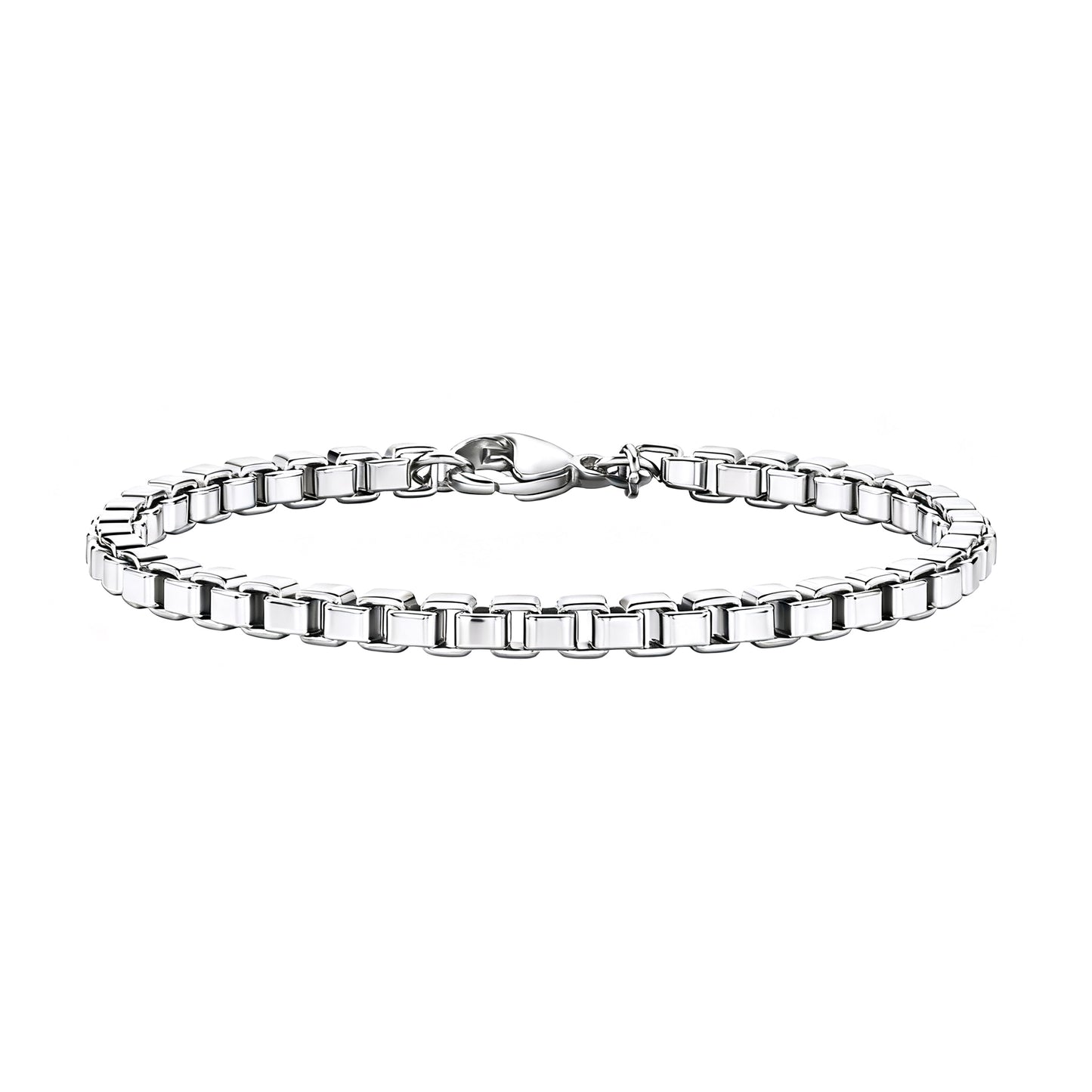 Element stainless steel box chain bracelet on white background — polished minimalist men's jewellery by Armoured Elegance.