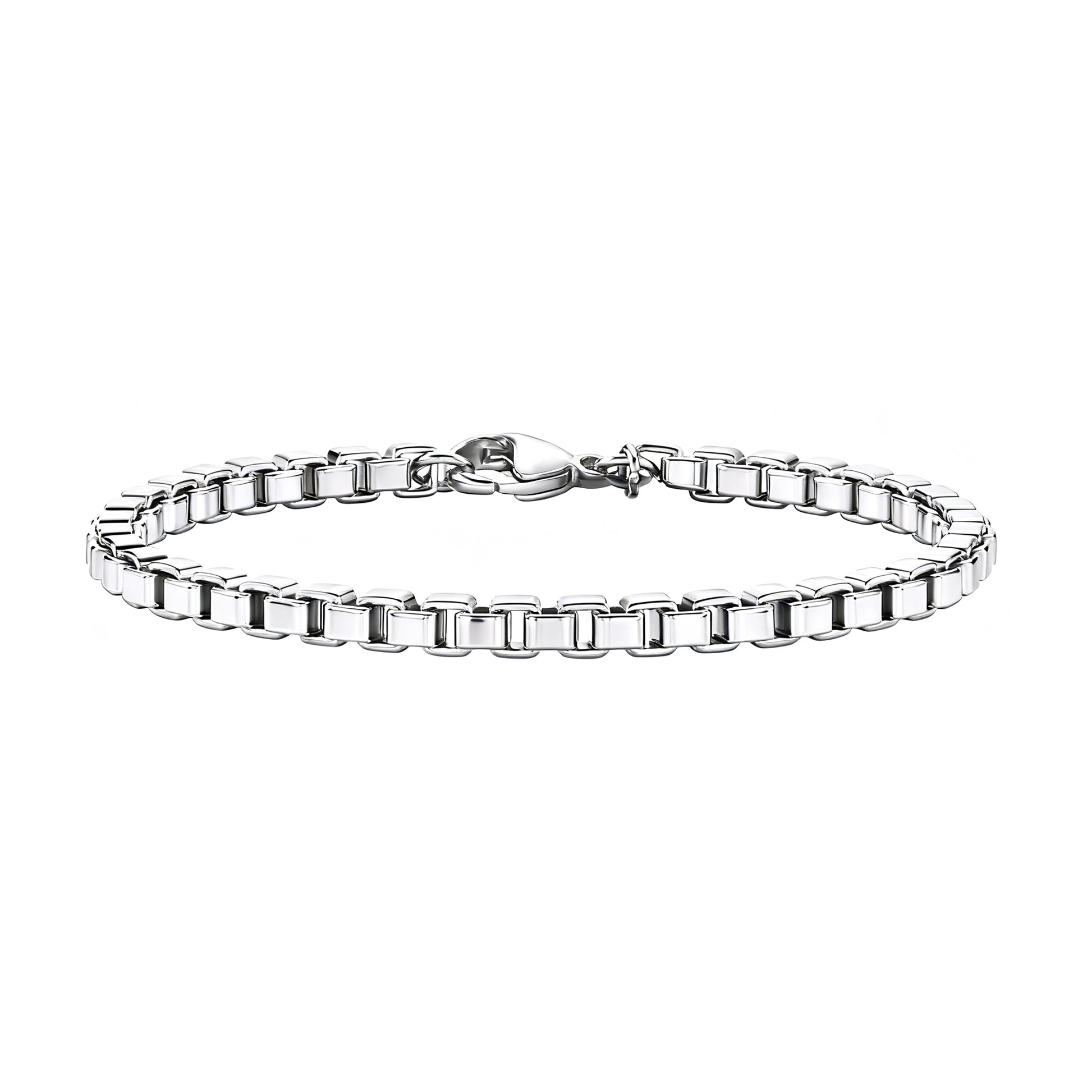 Element stainless steel box chain bracelet on white background — polished minimalist men's jewellery by Armoured Elegance.