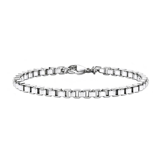 Element stainless steel box chain bracelet on white background — polished minimalist men's jewellery by Armoured Elegance.