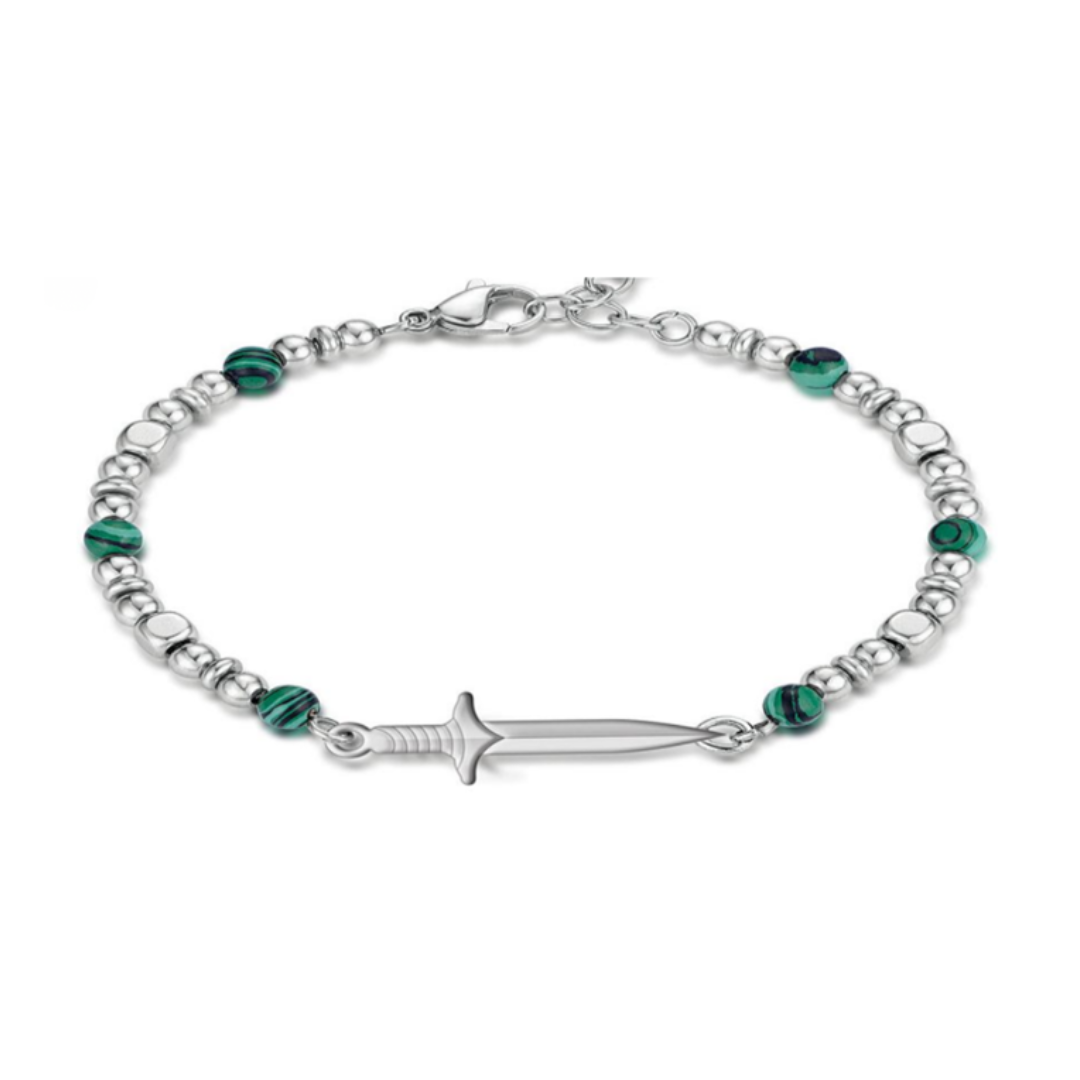 Armoured Elegance Legion bracelet with stainless steel sword centerpiece and green malachite beads on adjustable chain