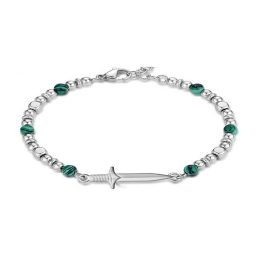 Armoured Elegance Legion bracelet with stainless steel sword centerpiece and green malachite beads on adjustable chain