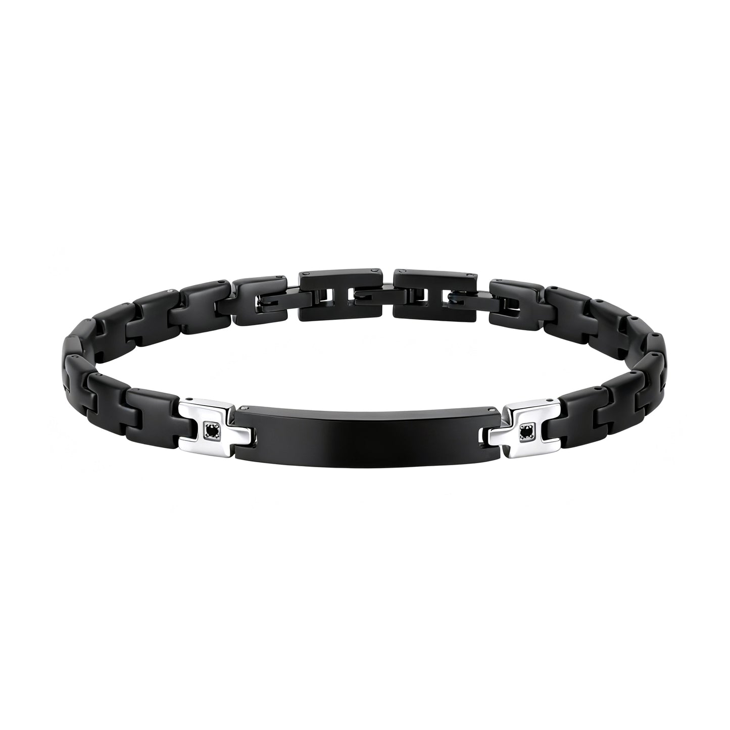 Shadow Sentinel black stainless steel men’s bracelet with adjustable link design and cubic zirconia accents.