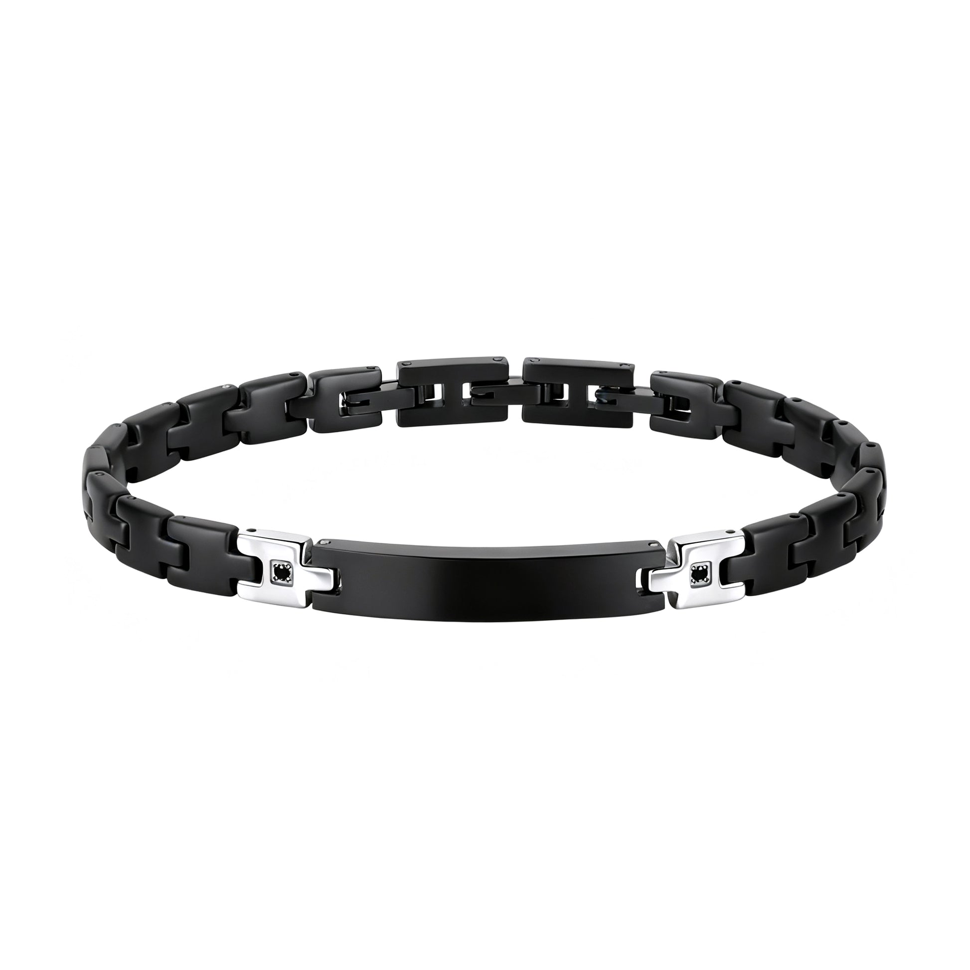 Shadow Sentinel black stainless steel men’s bracelet with adjustable link design and cubic zirconia accents.