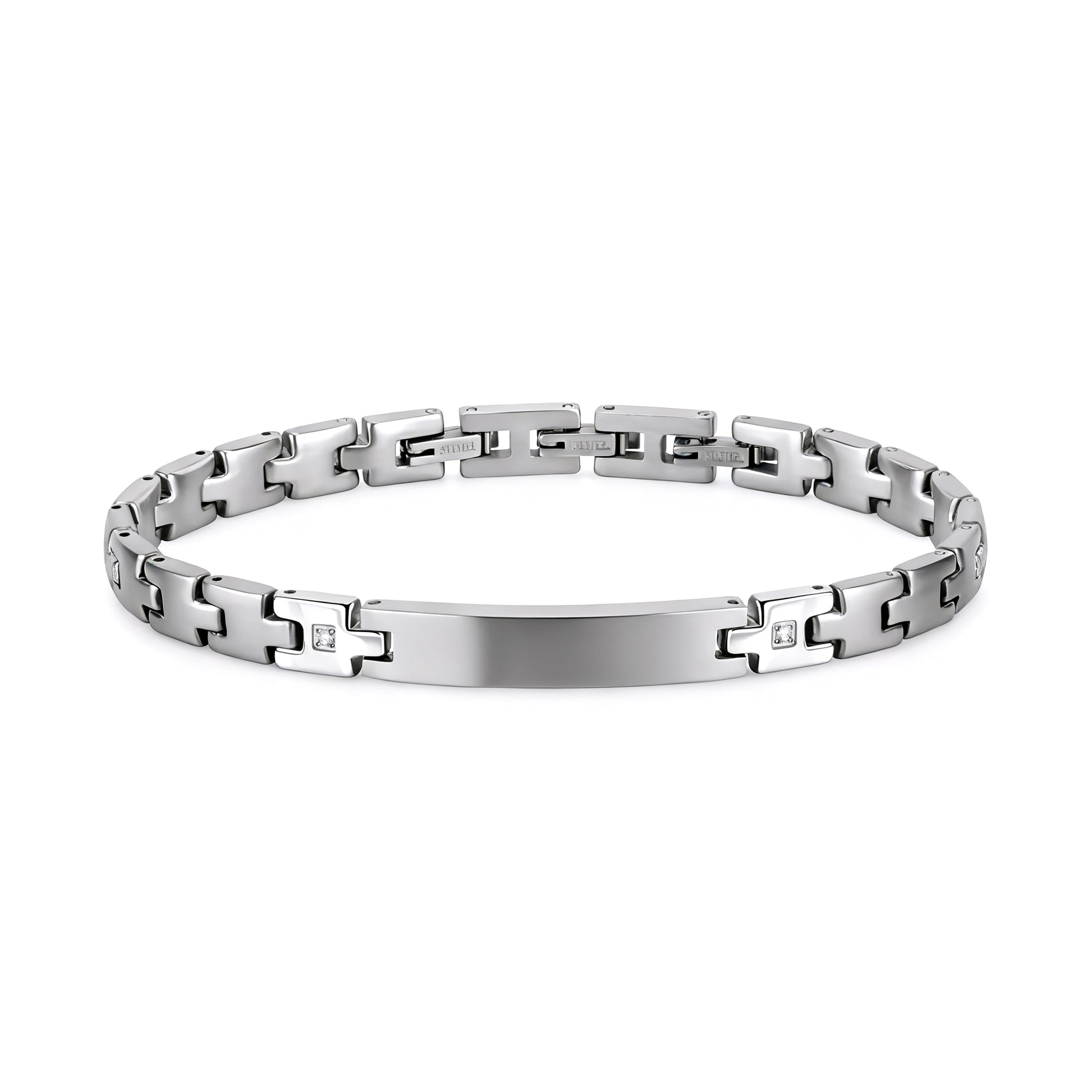 Steel Sentinel silver stainless steel men’s bracelet featuring adjustable links and cubic zirconia details.