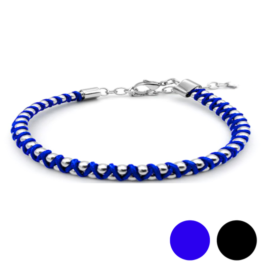 Synergy bracelet by Armoured Elegance showing blue and black colour options with stainless steel beads