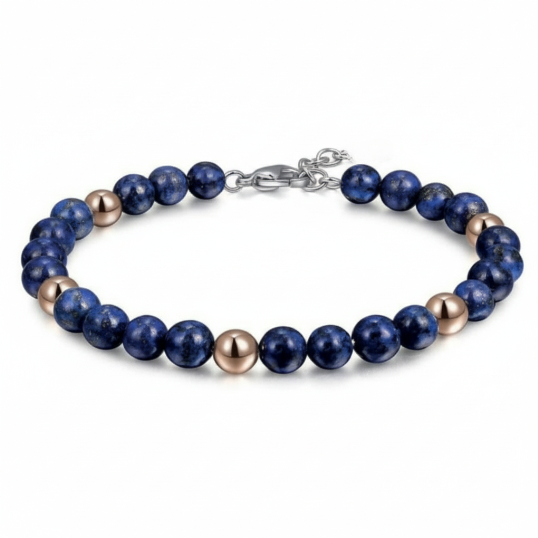 Auric Lineage Cosmic edition — blue 6mm bead bracelet with gold accents and stainless steel clasp.