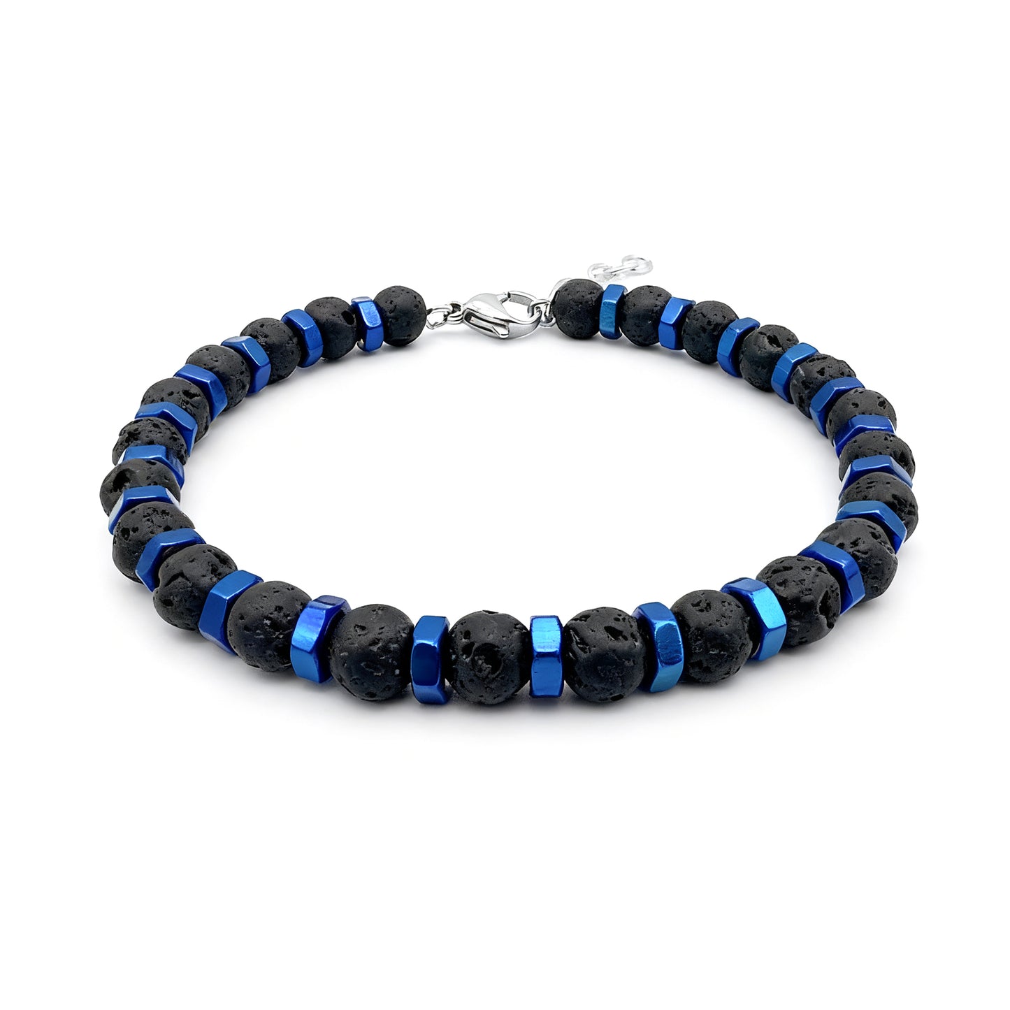 Front view of Blue Nexus bracelet featuring black lava stones and blue anodized hex nut spacers with stainless-steel lobster clasp.