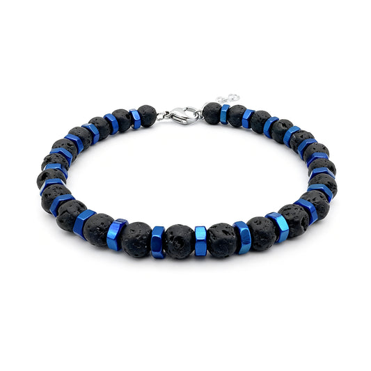 Front view of Blue Nexus bracelet featuring black lava stones and blue anodized hex nut spacers with stainless-steel lobster clasp.
