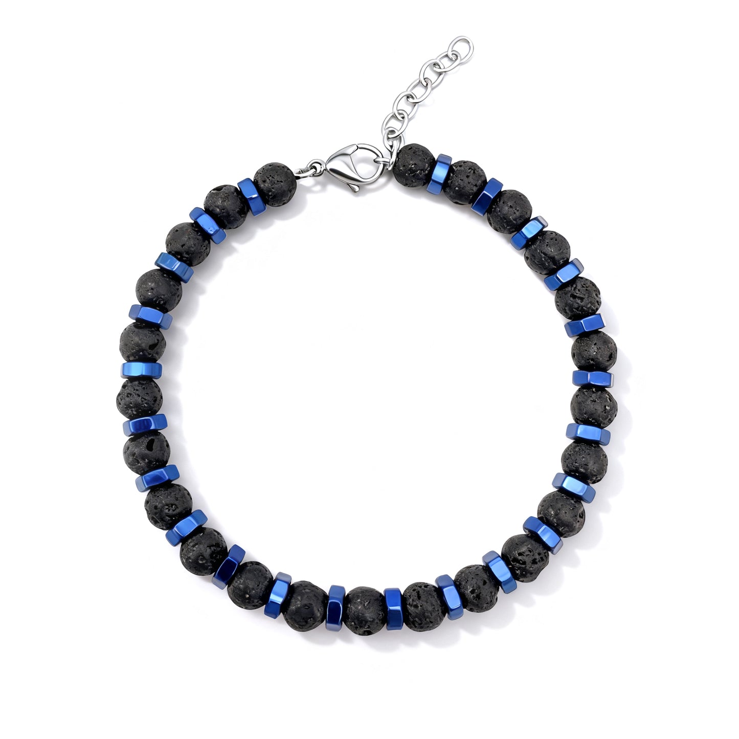 Flat-lay of Blue Nexus bracelet showcasing black lava beads and blue hex nut accents arranged in a symmetrical modern design.