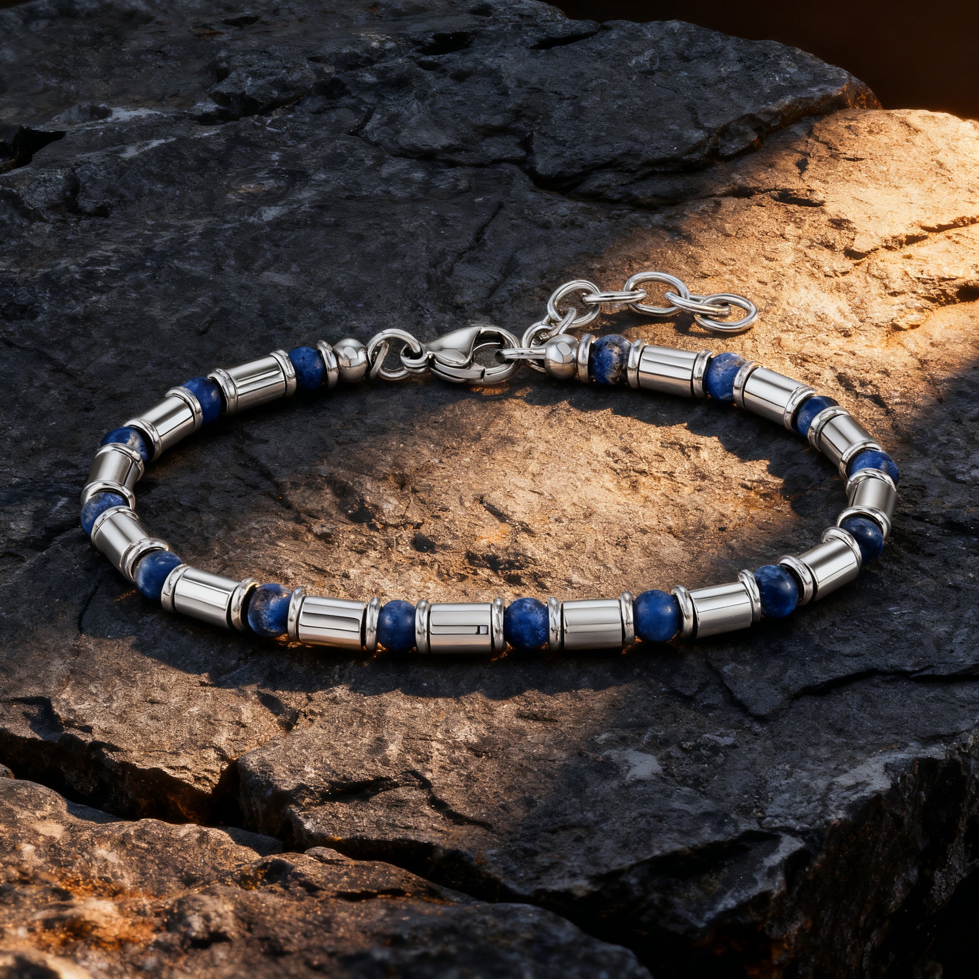 Earth Pulse bracelet with blue natural stones and stainless-steel tubes illuminated under warm light on dark textured rock.
