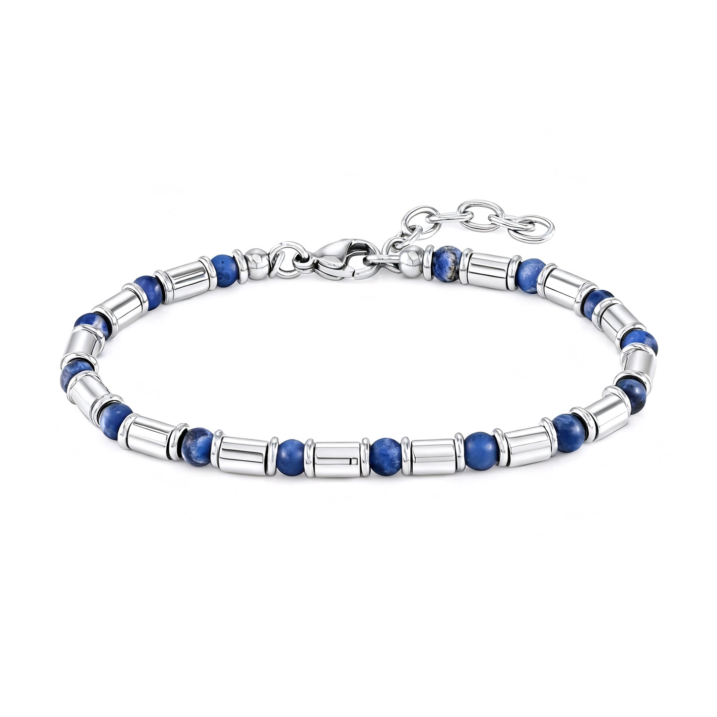 Front main image view of Earth Pulse bracelet featuring deep blue stones and polished stainless-steel cylinders with adjustable lobster clasp.