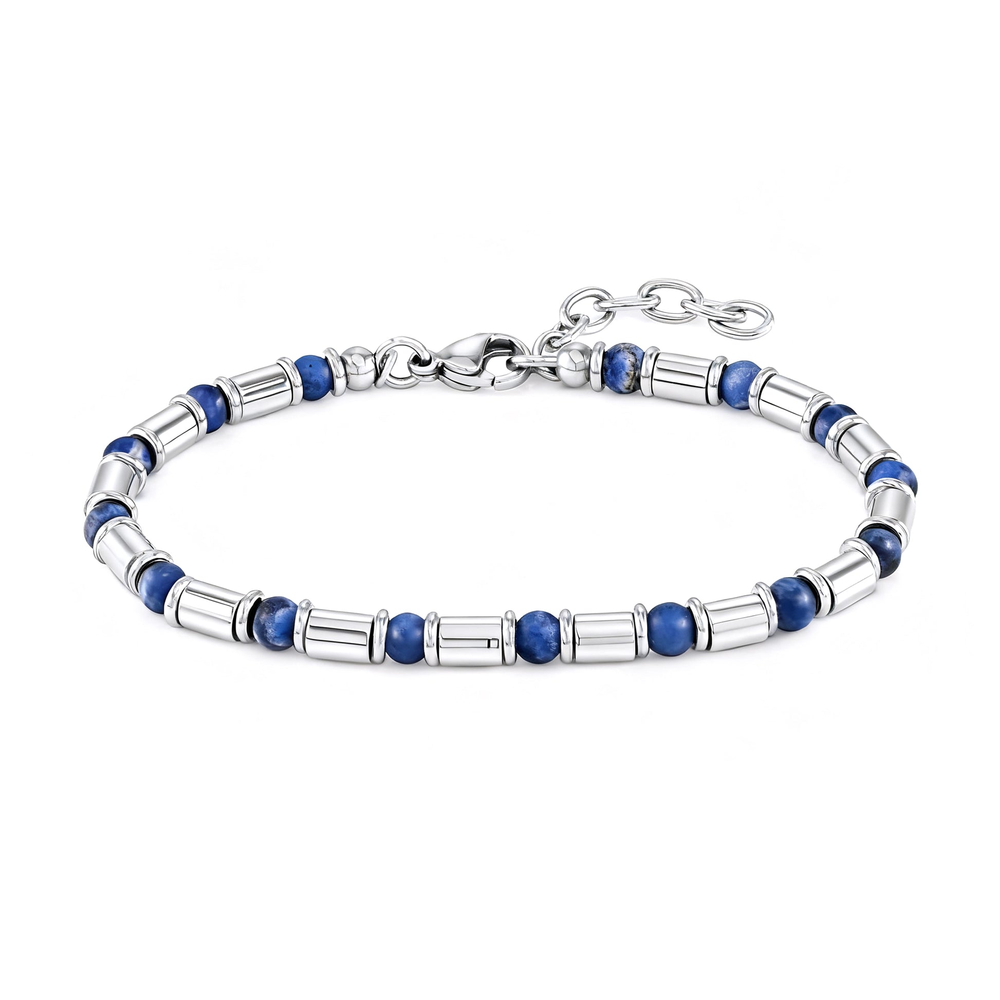 Front main image view of Earth Pulse bracelet featuring deep blue stones and polished stainless-steel cylinders with adjustable lobster clasp.