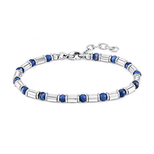 Front main image view of Earth Pulse bracelet featuring deep blue stones and polished stainless-steel cylinders with adjustable lobster clasp.