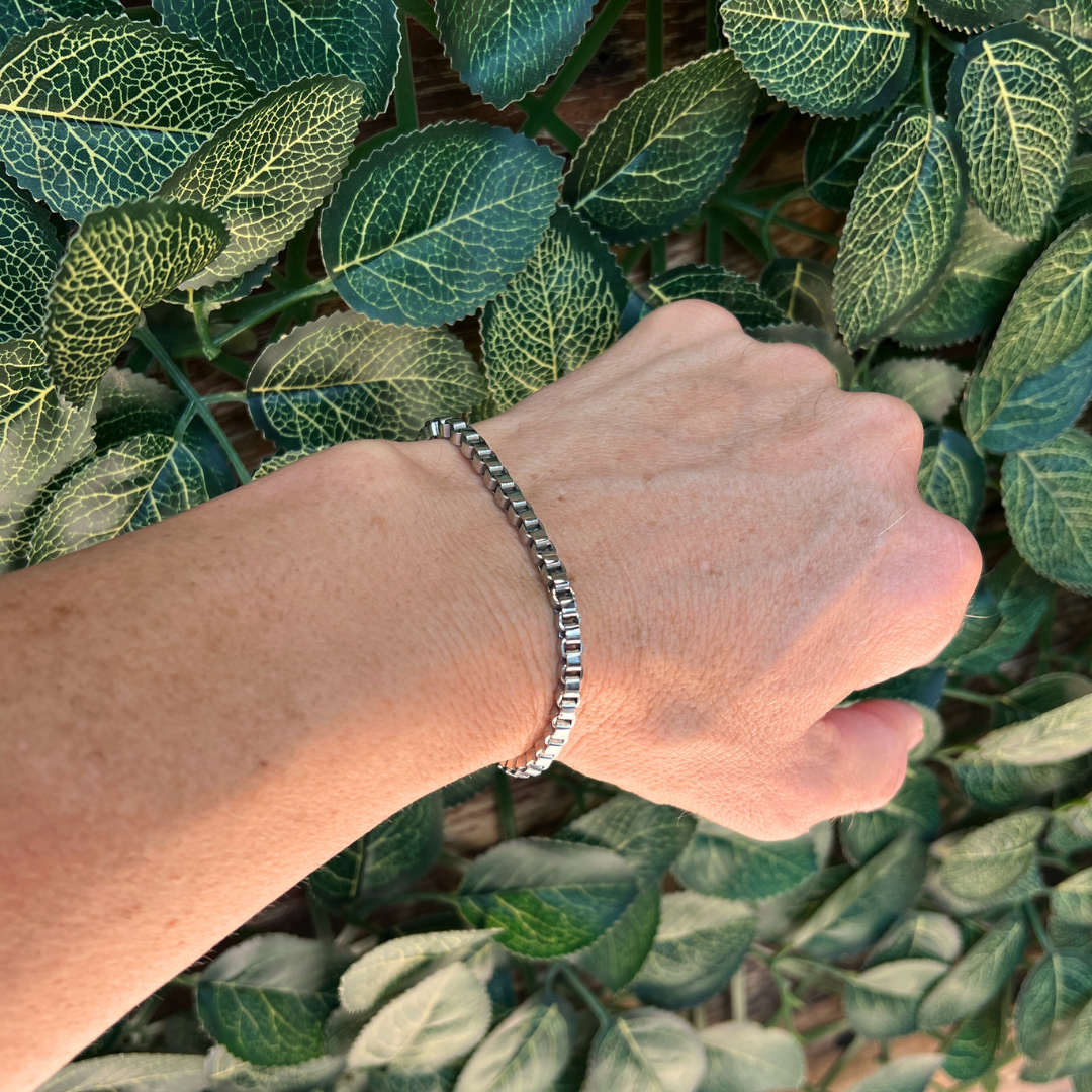 Element stainless steel box-chain bracelet worn on wrist with green leaves in the background.