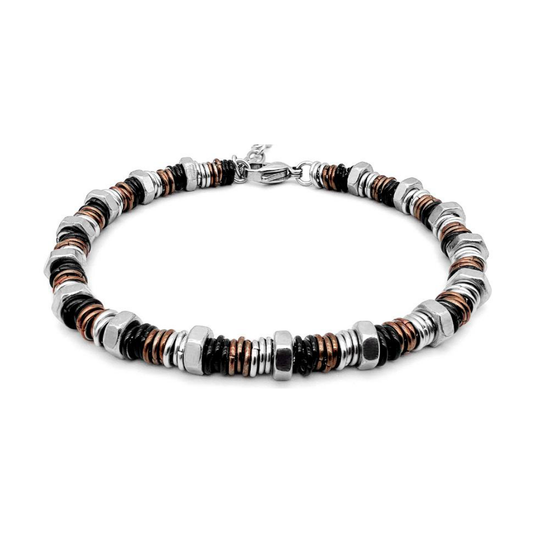 Close-up of the Industrial Torque bracelet variant with copper, black, and silver ringlets and hex nuts on white background