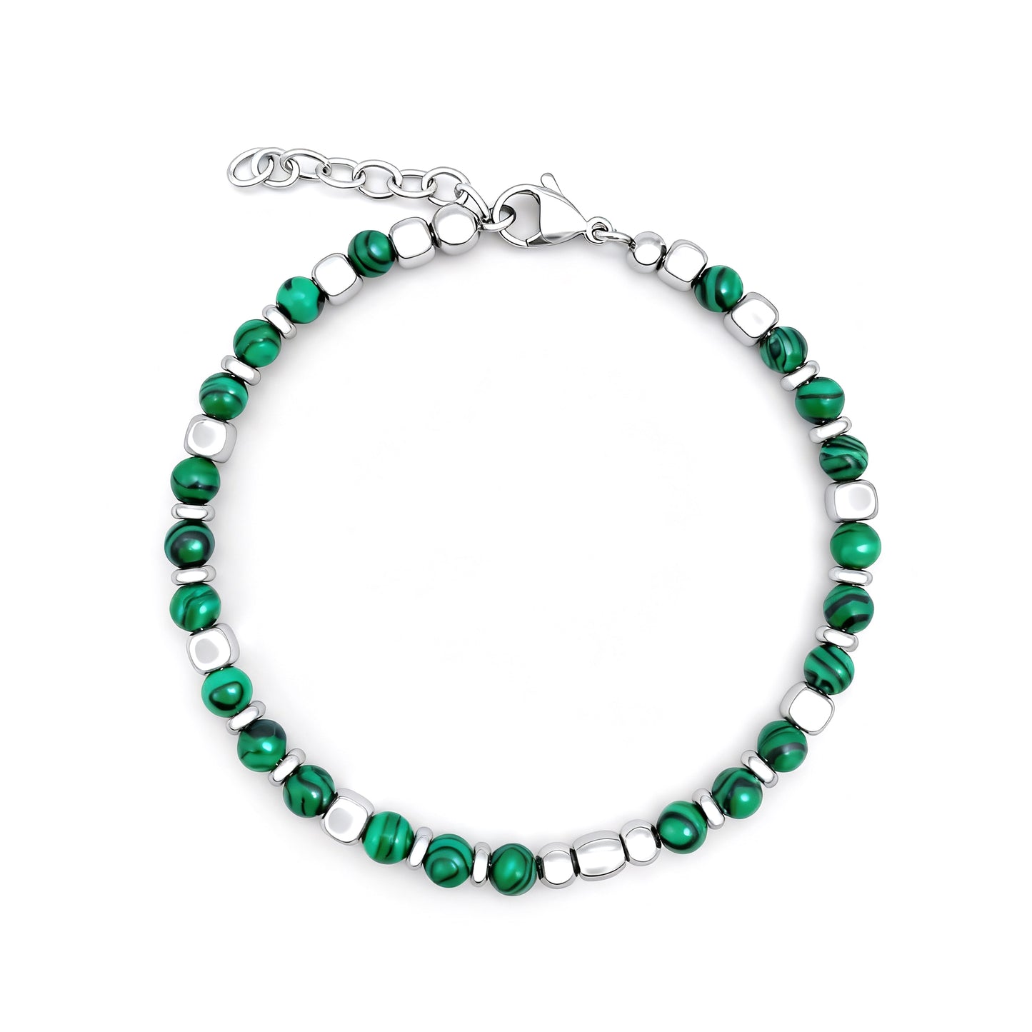 Flat-lay of Malachite Luxe bracelet with alternating malachite beads and stainless-steel cubes on white background.