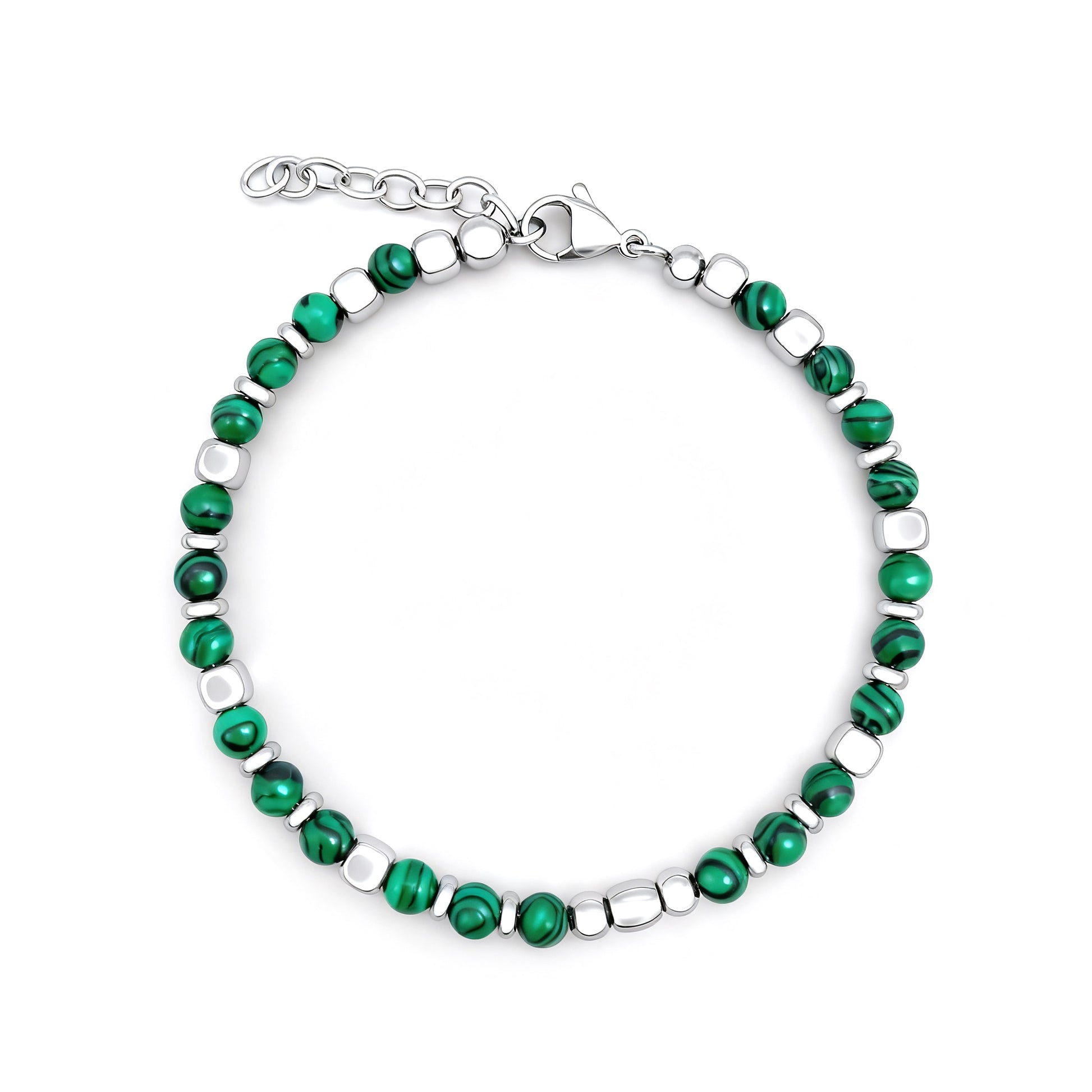 Flat-lay of Malachite Luxe bracelet with alternating malachite beads and stainless-steel cubes on white background.