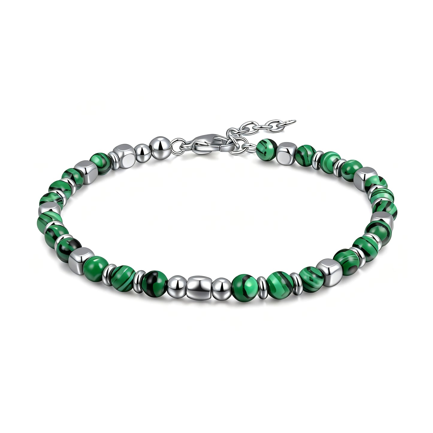 Front main image view of Malachite Luxe bracelet highlighting rich green malachite stones and silver stainless-steel cube beads with lobster clasp.