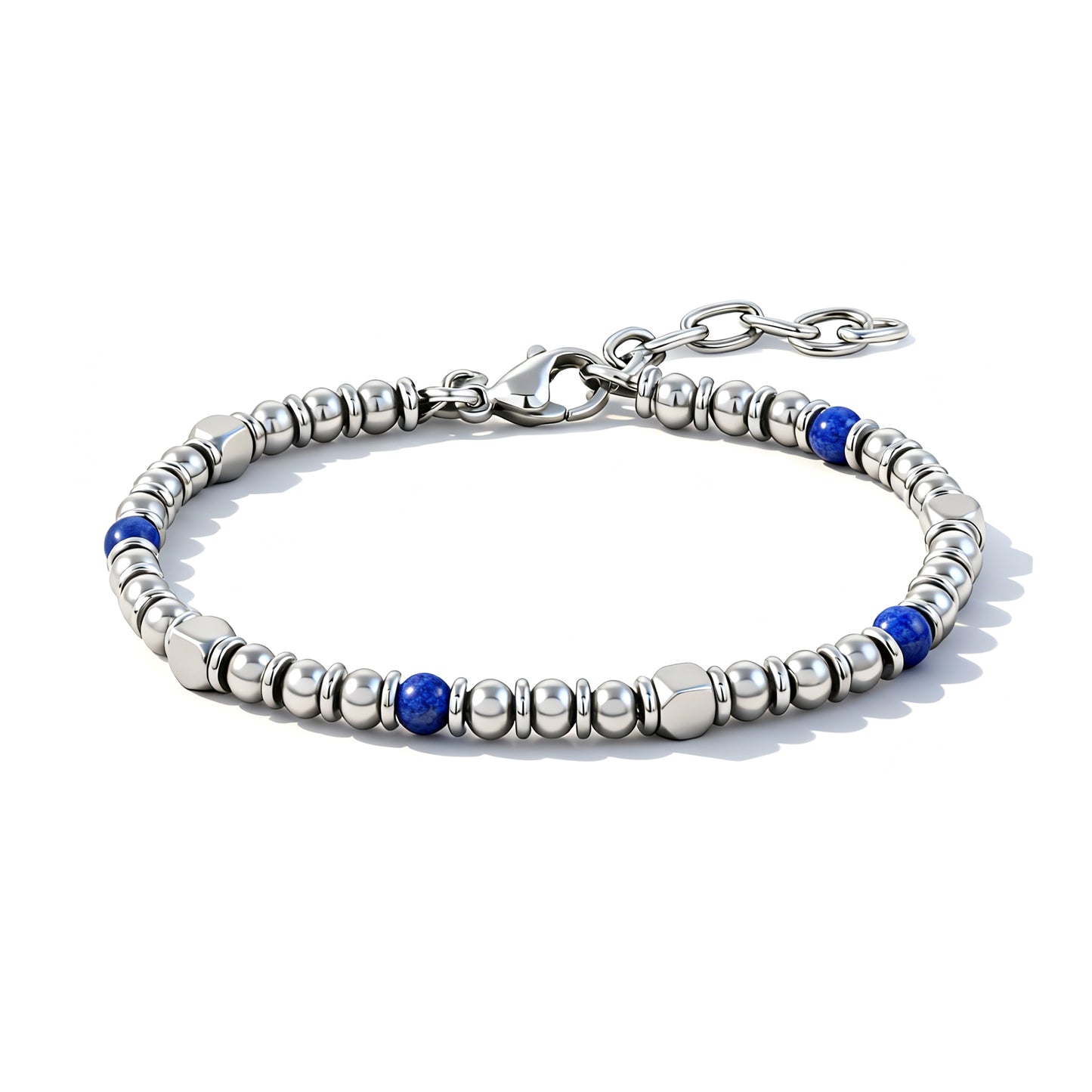 Midnight Pulse bracelet front view showing blue stones and stainless steel bead design with adjustable clasp