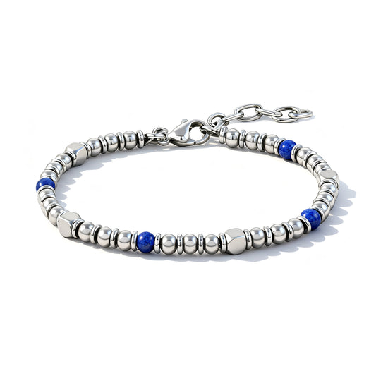 Midnight Pulse bracelet front view showing blue stones and stainless steel bead design with adjustable clasp
