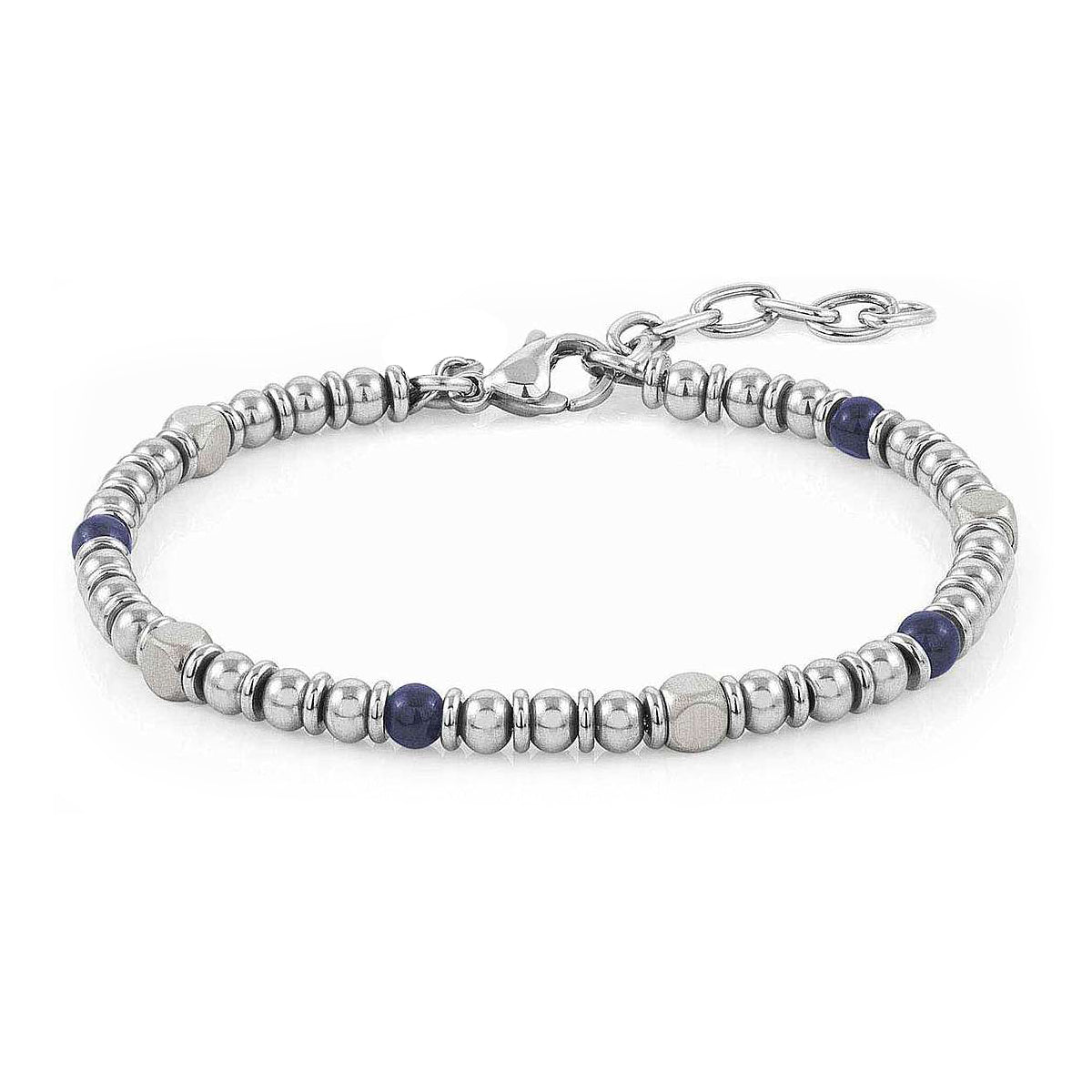 Midnight Pulse bracelet front view showing blue stones and stainless steel bead design with adjustable clasp