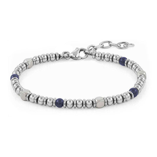Midnight Pulse bracelet front view showing blue stones and stainless steel bead design with adjustable clasp