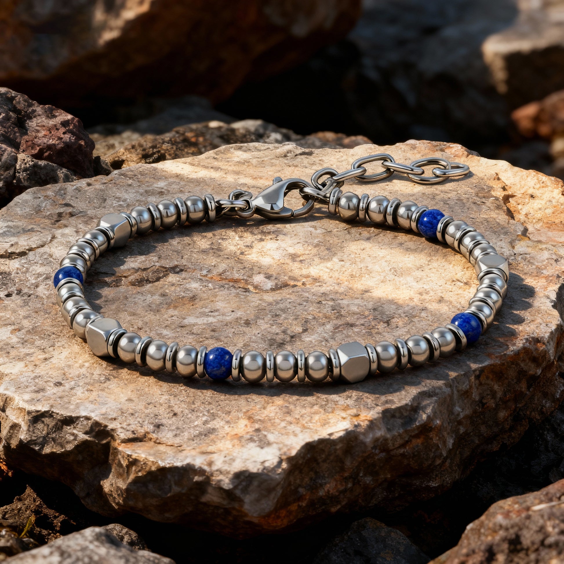 Midnight Pulse bracelet by Armoured Elegance on display in nature on a rock in the daylight