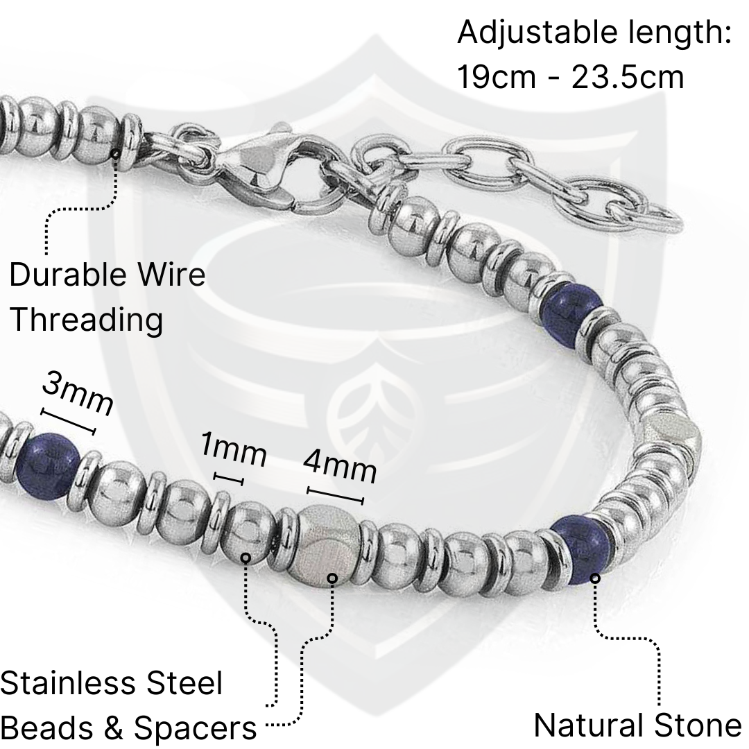 Close-up image of the Midnight Pulse bracelet showing natural stone and stainless steel bead measurements, wire threading, and adjustable clasp length from 19cm to 23.5cm
