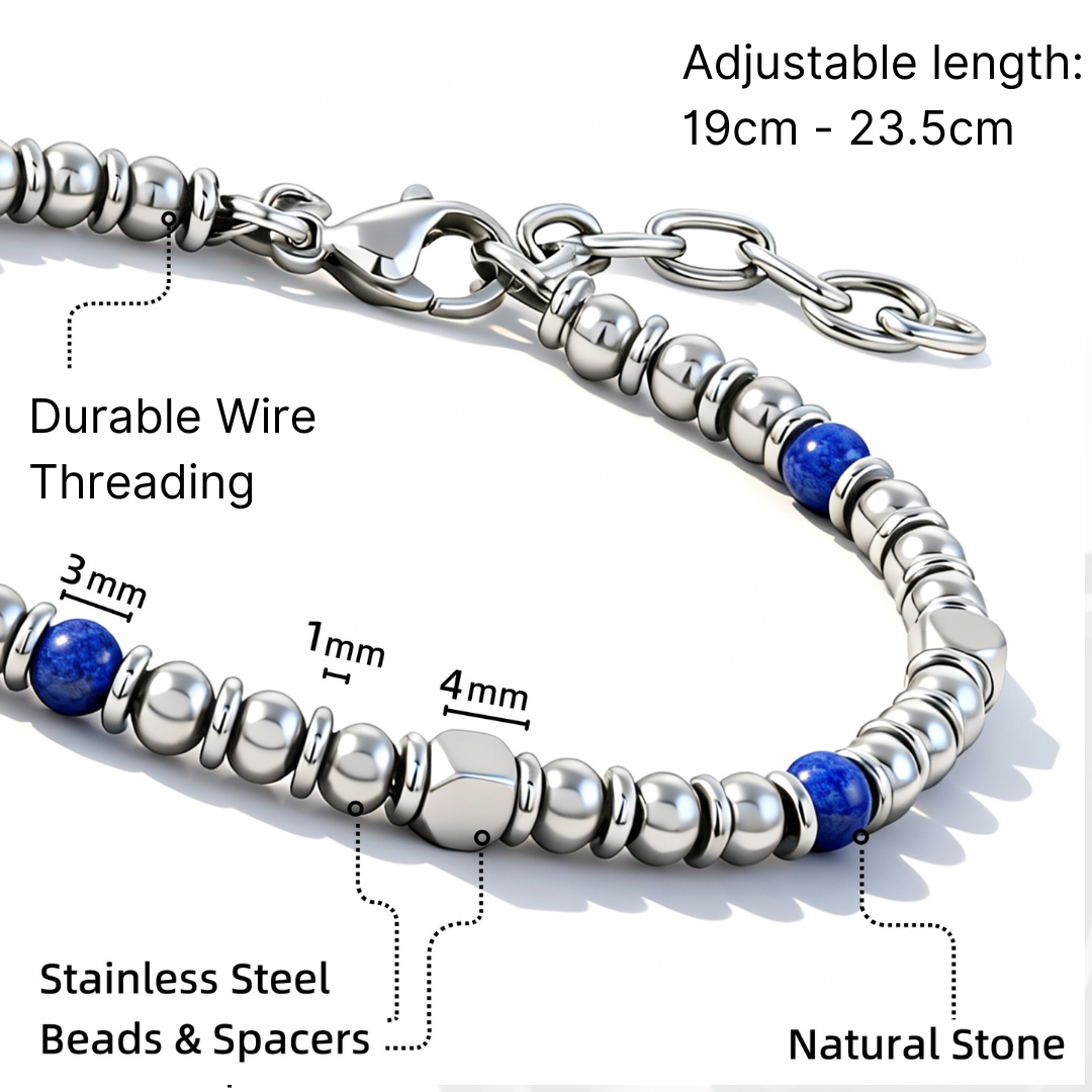Close-up image of the Midnight Pulse bracelet showing natural stone and stainless steel bead measurements, wire threading, and adjustable clasp length from 19cm to 23.5cm