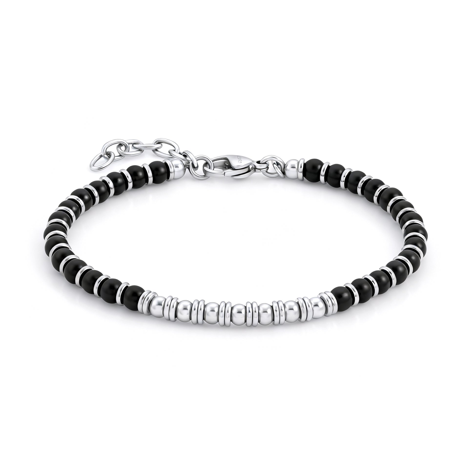 Luxury men’s Nightfall Luxe bracelet featuring black obsidian stones and polished stainless-steel beads with adjustable clasp for a refined modern look.